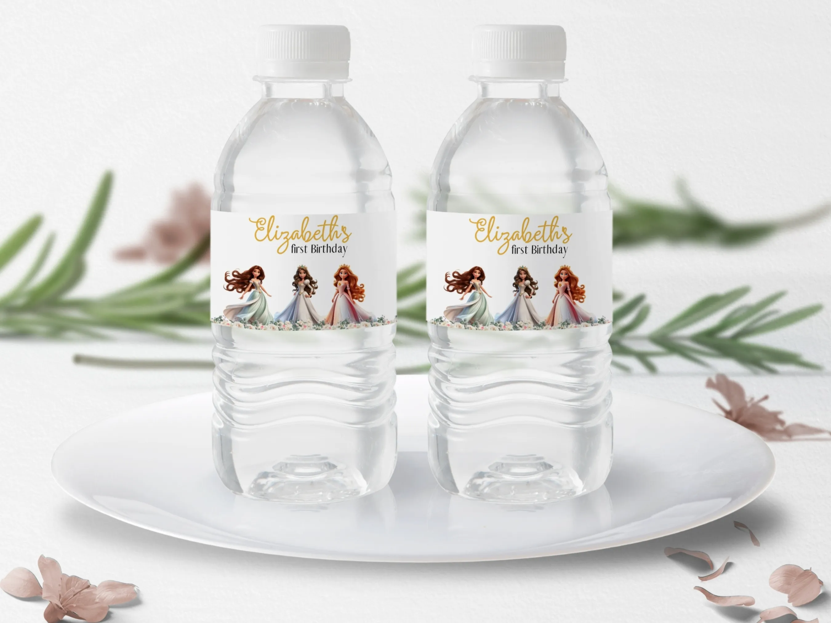 Princess party water bottle labels with royal princess theme, editable bottle wraps and bottle stickers by fllcdesigns
