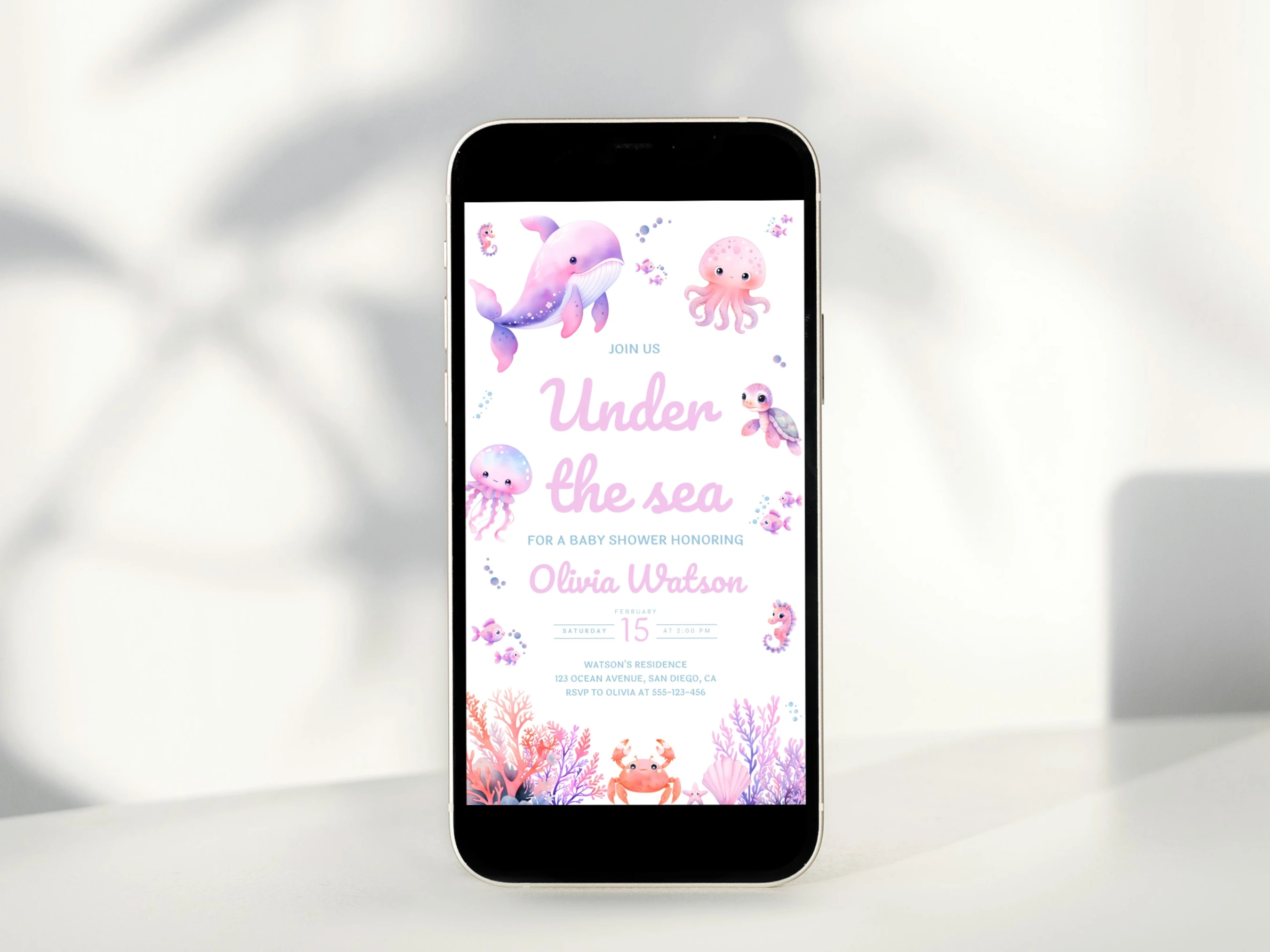 under the sea baby shower mobile invitation, ocean baby shower digital invite, pink ocean baby shower invitation template, printable baby shower invite, editable baby shower invitation Canva