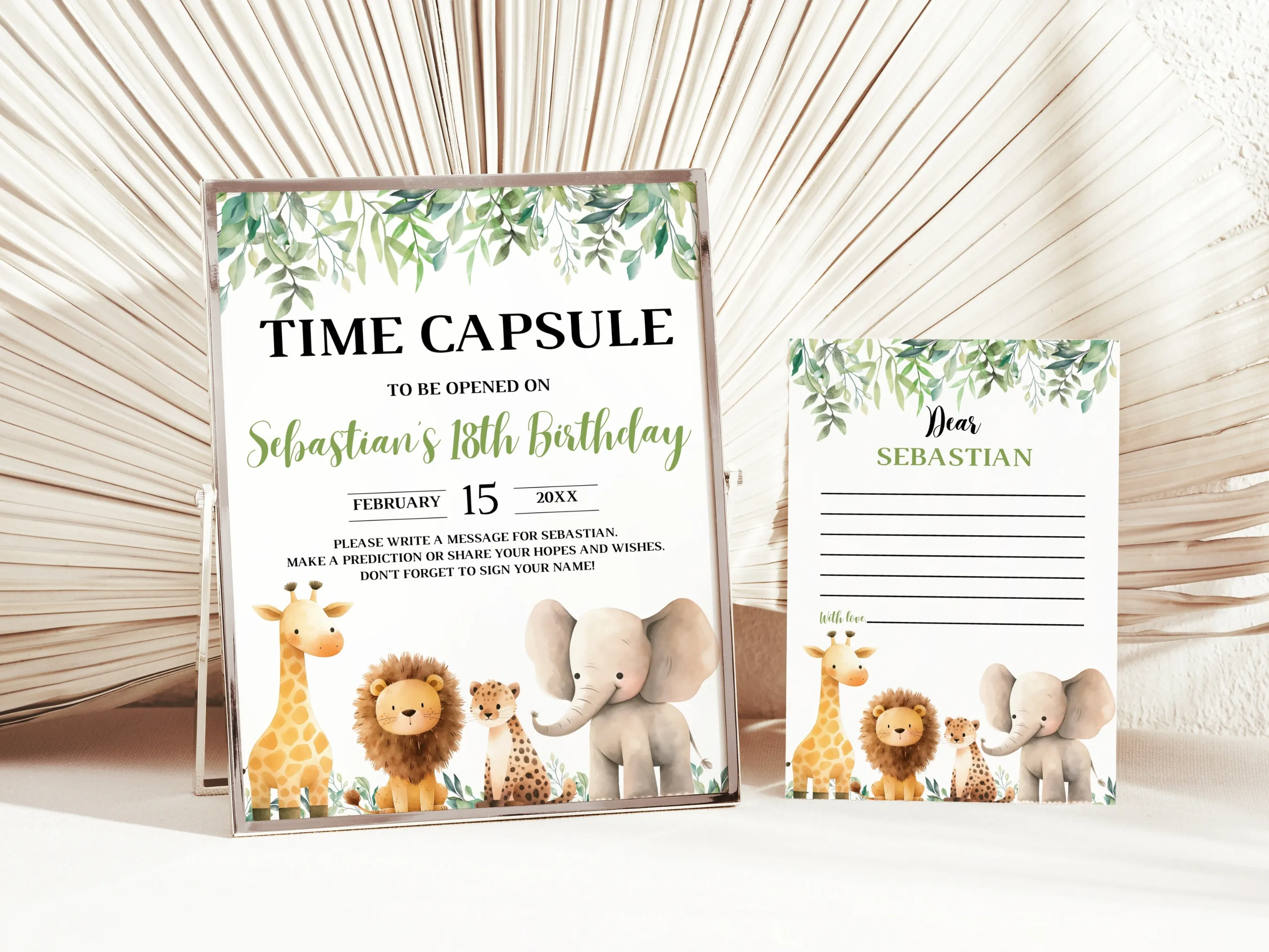 Wild One 1st birthday time capsule sign and wishes card with safari animals guest book, editable Canva template, digital download.