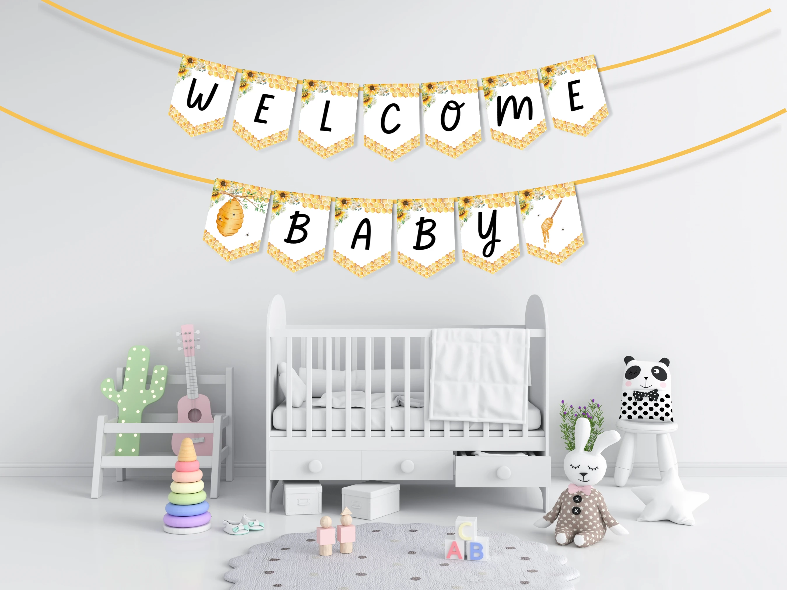 bumble bee baby shower banner, honey bee baby shower bunting, sunflower baby shower banner, baby girl baby shower banner printable, editable baby shower banner Canva