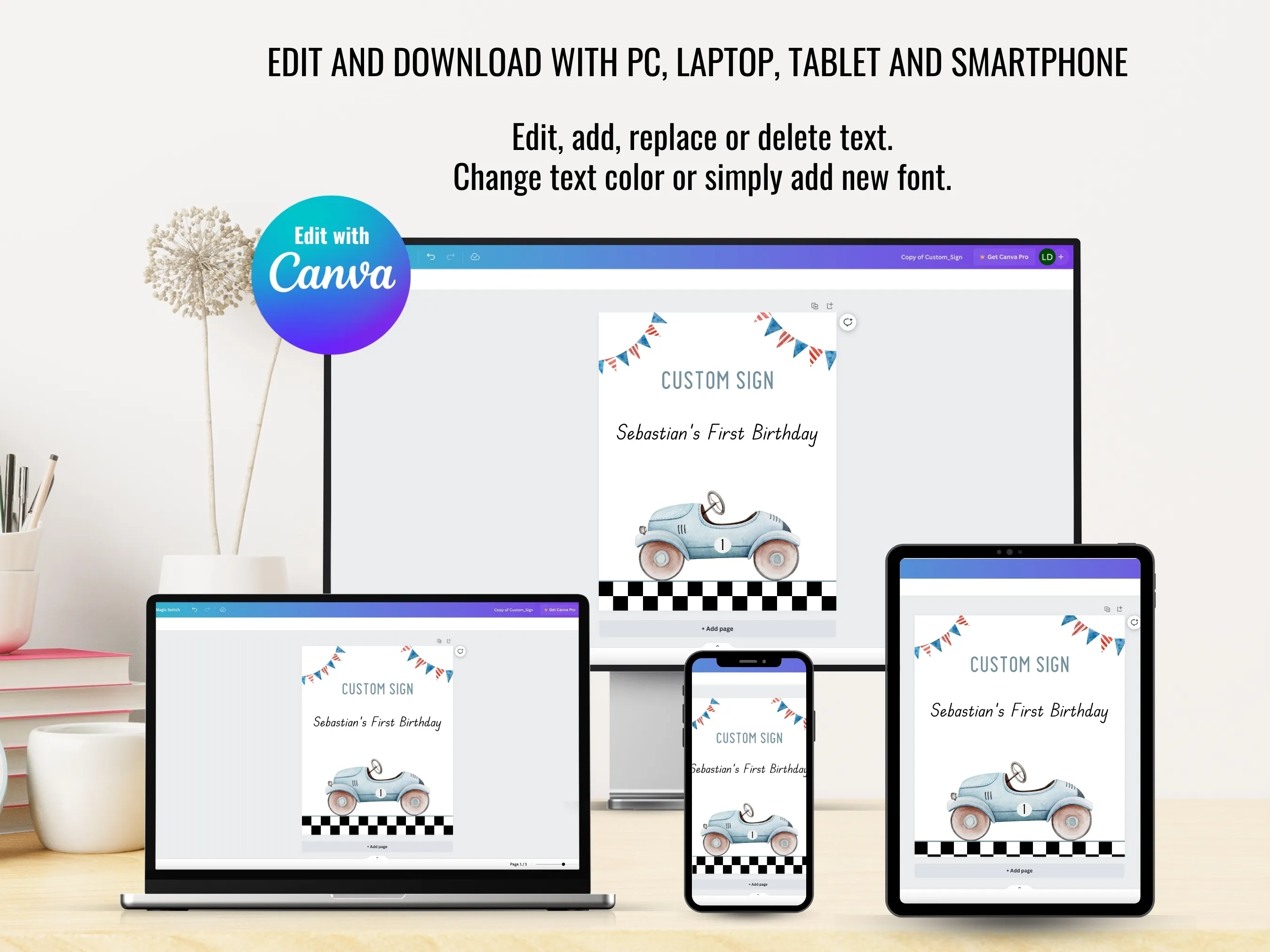 Fast One Birthday Custom Party Sign | Blue Vintage Race Car Birthday Sign | Editable Canva Template | Digital Download