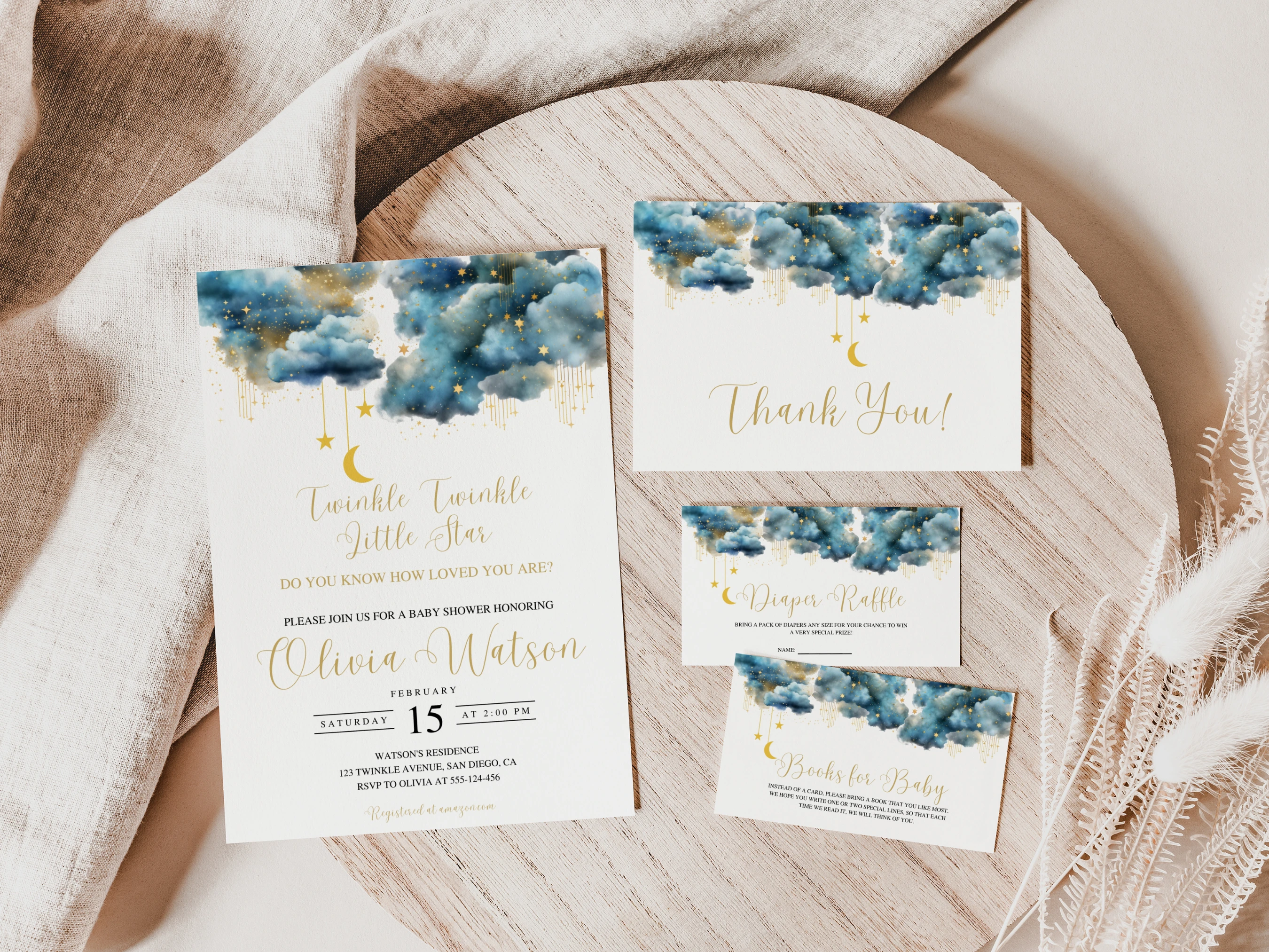 twinkle little star baby shower invitation set over the moon blue gold starter pack invite thank you cards diaper raffle books for baby canva template digital download, moon stars baby shower invitation bundle