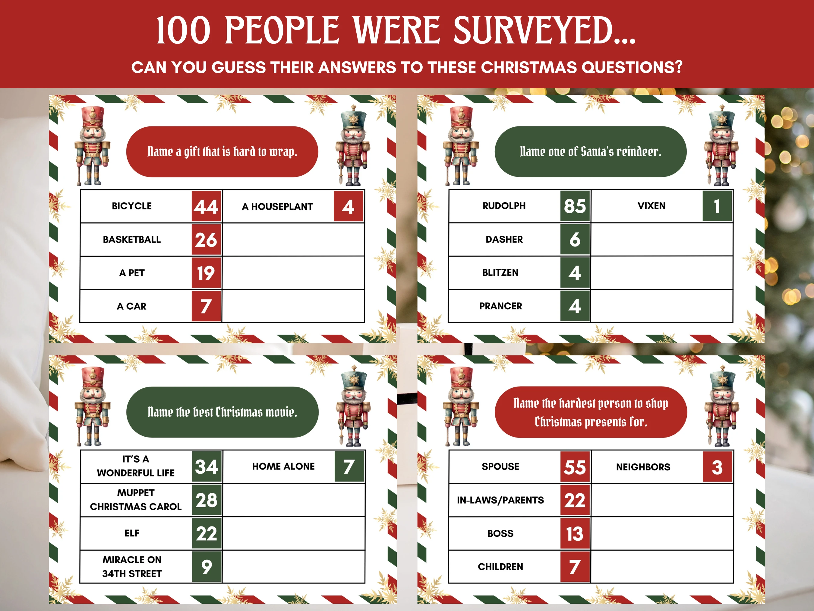 Nutcracker Christmas Feud Game | 60 Family Holiday Survey Cards | Ready-to-Print Game | Digital Download