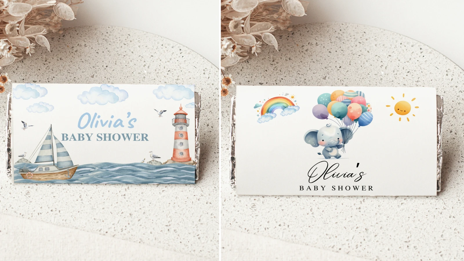 Printable baby shower chocolate wrappers editable in Canva for candy bar party favors – fllcdesigns