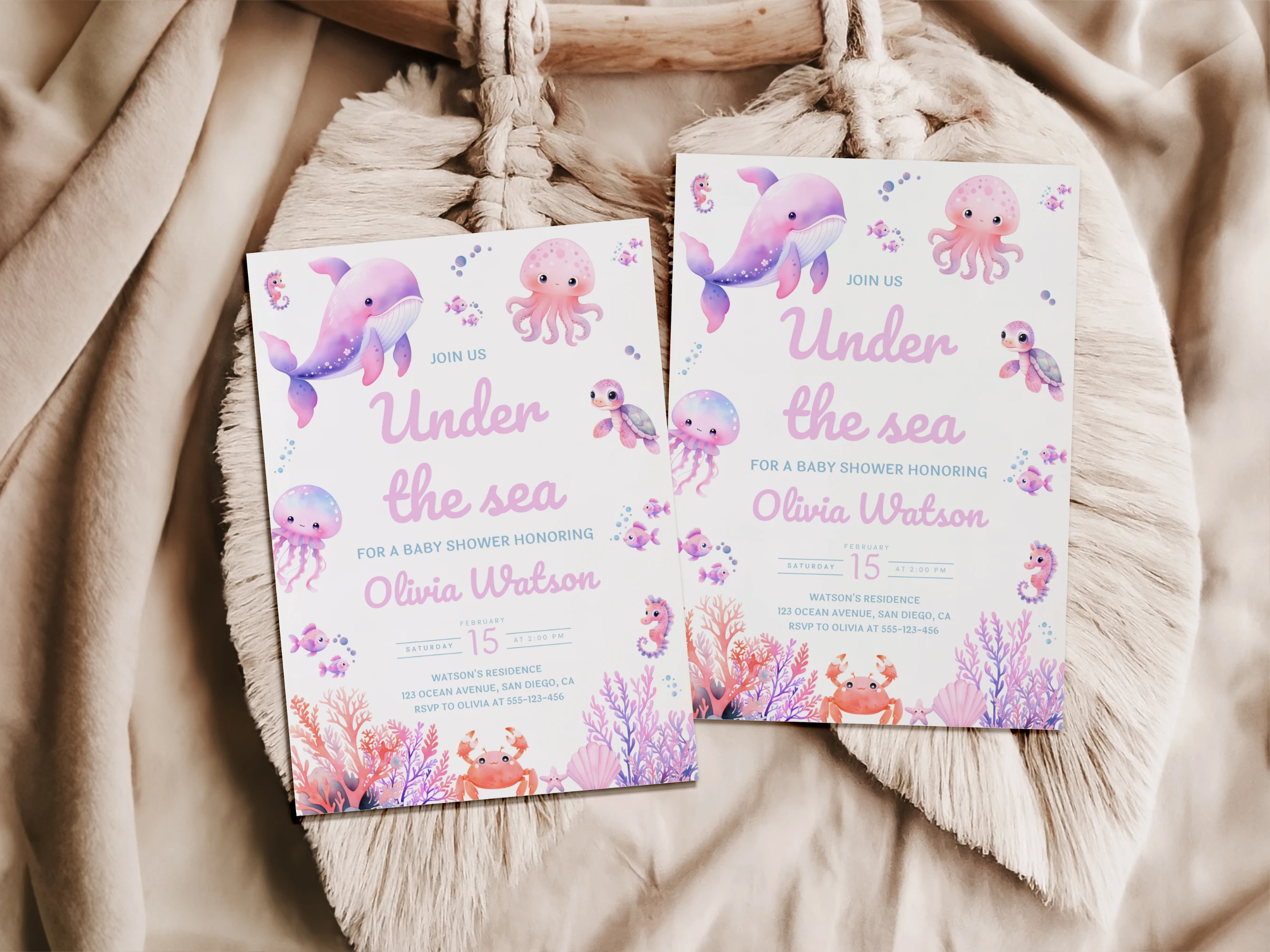 Under The Sea Baby Shower Invitation | Pink Ocean Baby Shower Invite | Girl Baby Shower Party | Editable Canva Template | Digital Download