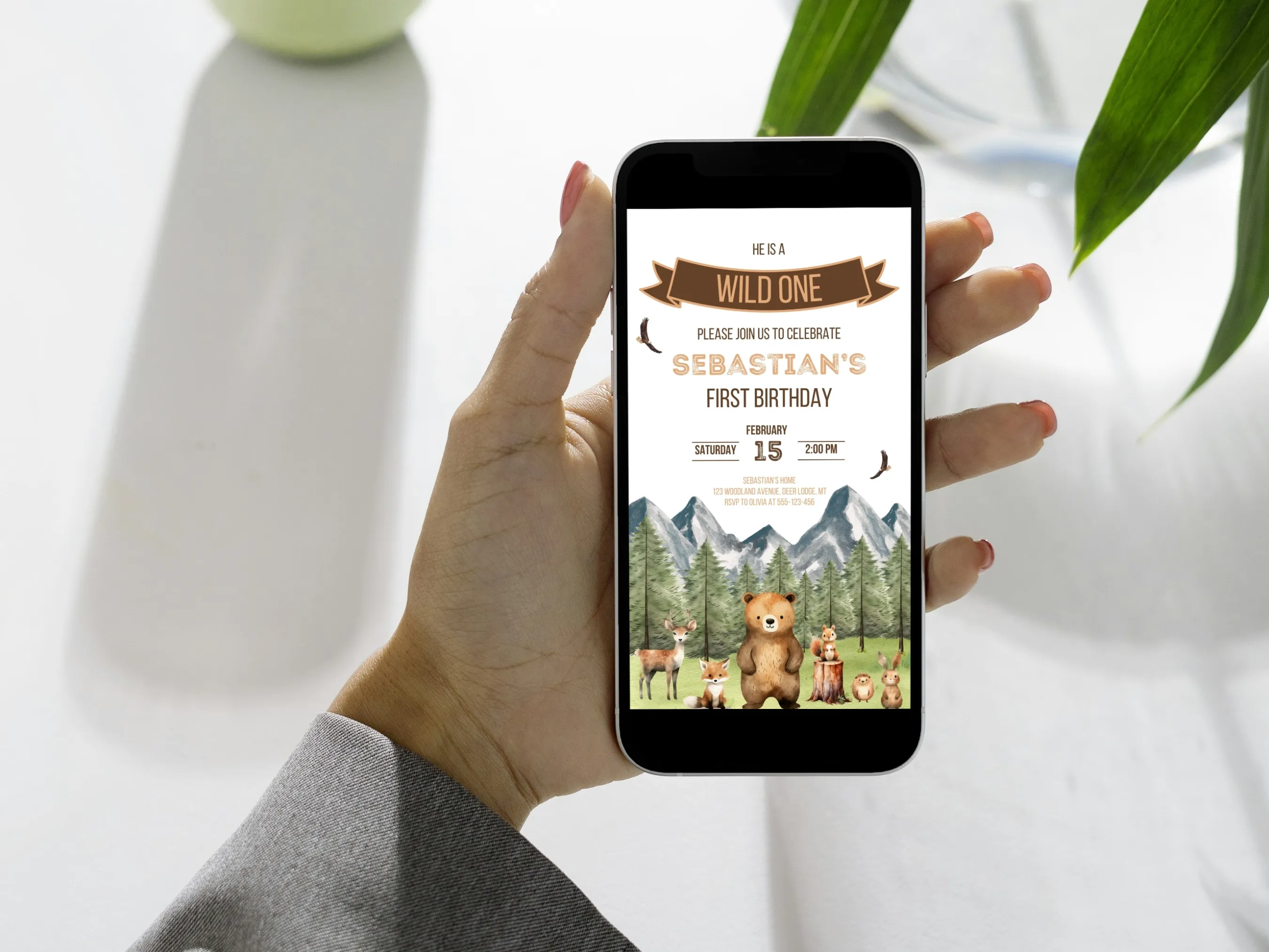 Woodland Animals Birthday Mobile Invitation | Wild One Forest Animals Evite | Editable Canva Template | Digital Download