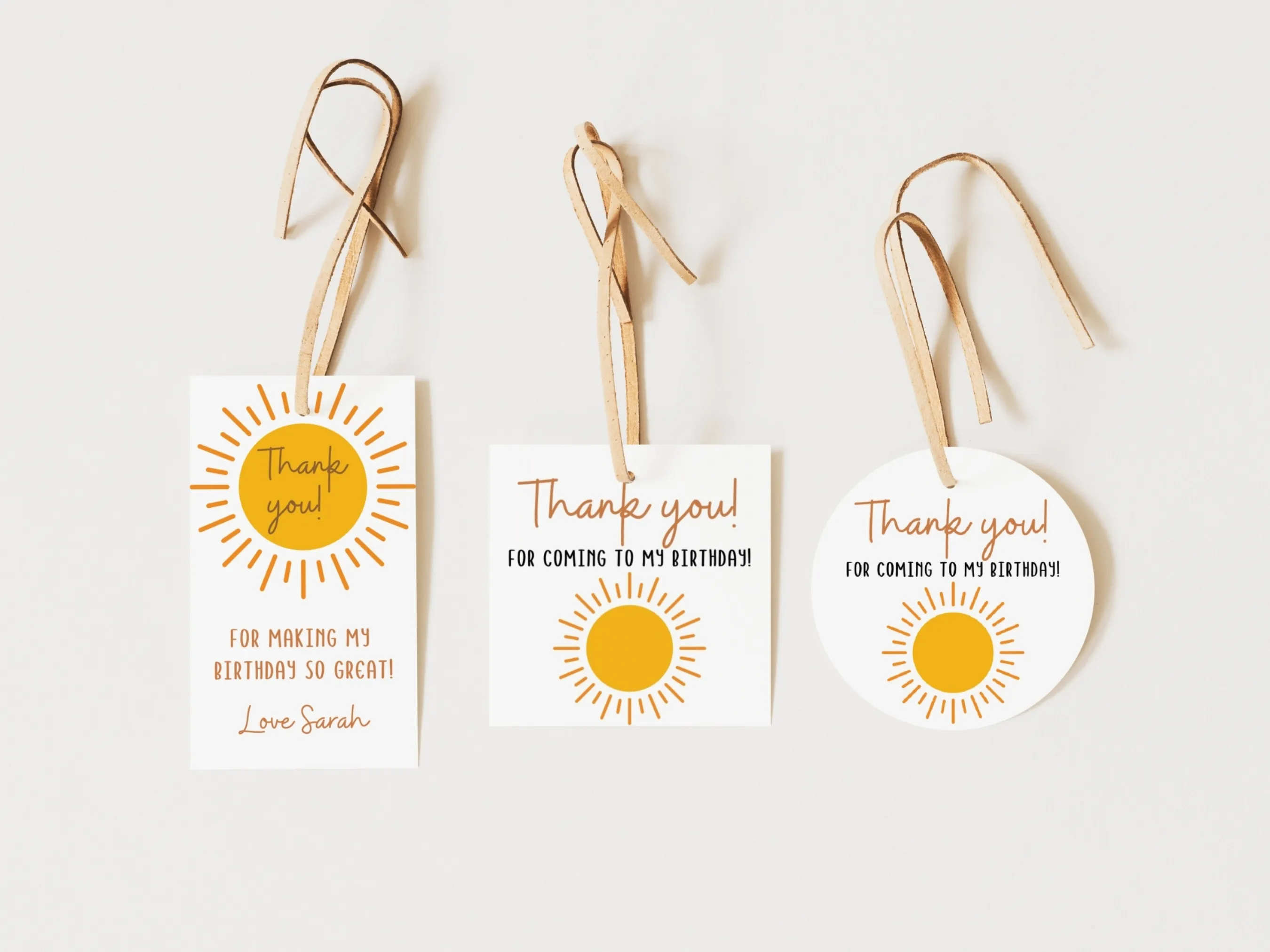Sunshine birthday favor tags with boho sun design, First Trip Around the Sun party labels, editable Canva template by fllcdesigns