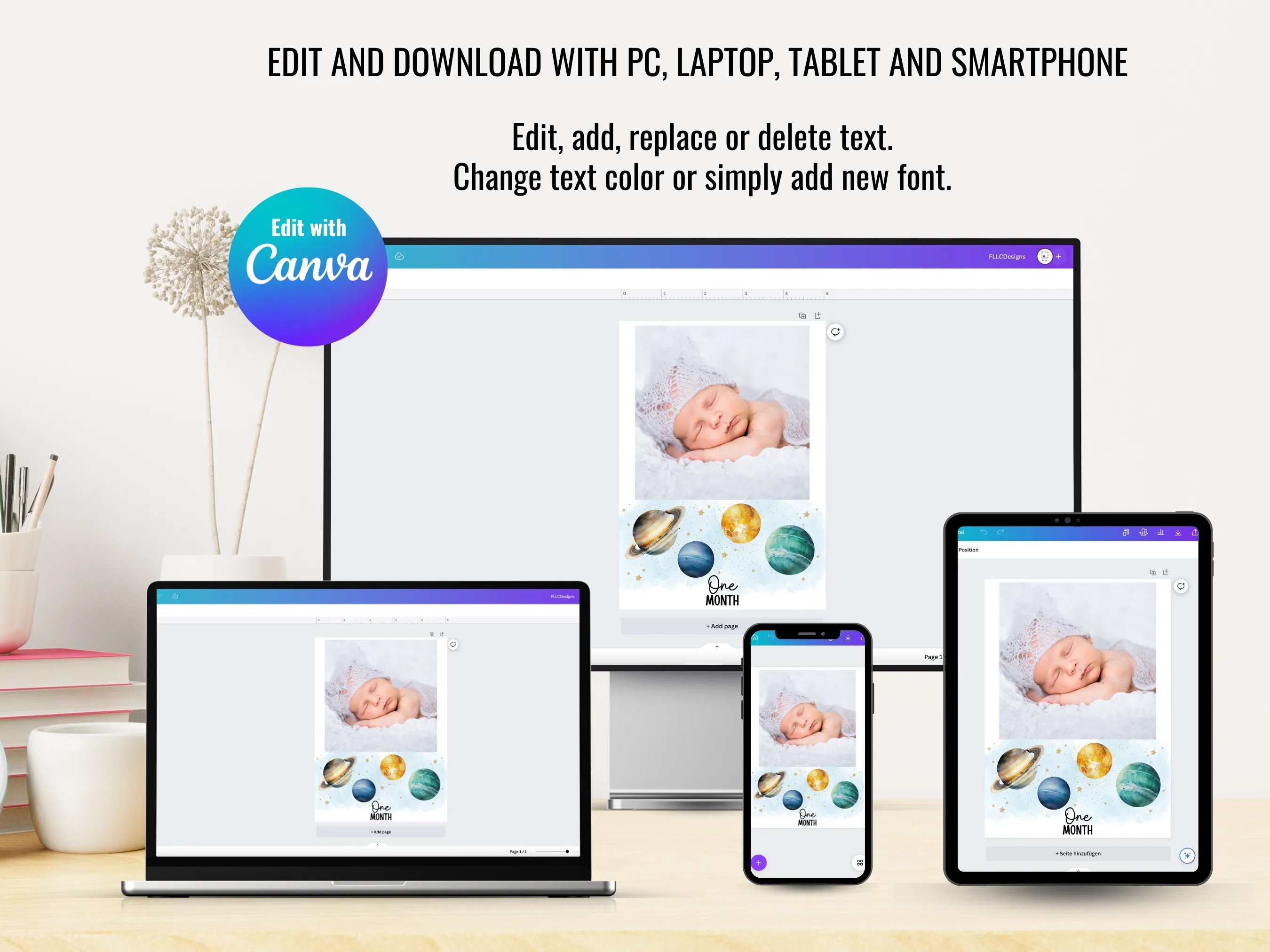 Outer Space First Birthday Photo Banner | Planets Baby Milestone Cards | Editable Canva Template | Digital Download
