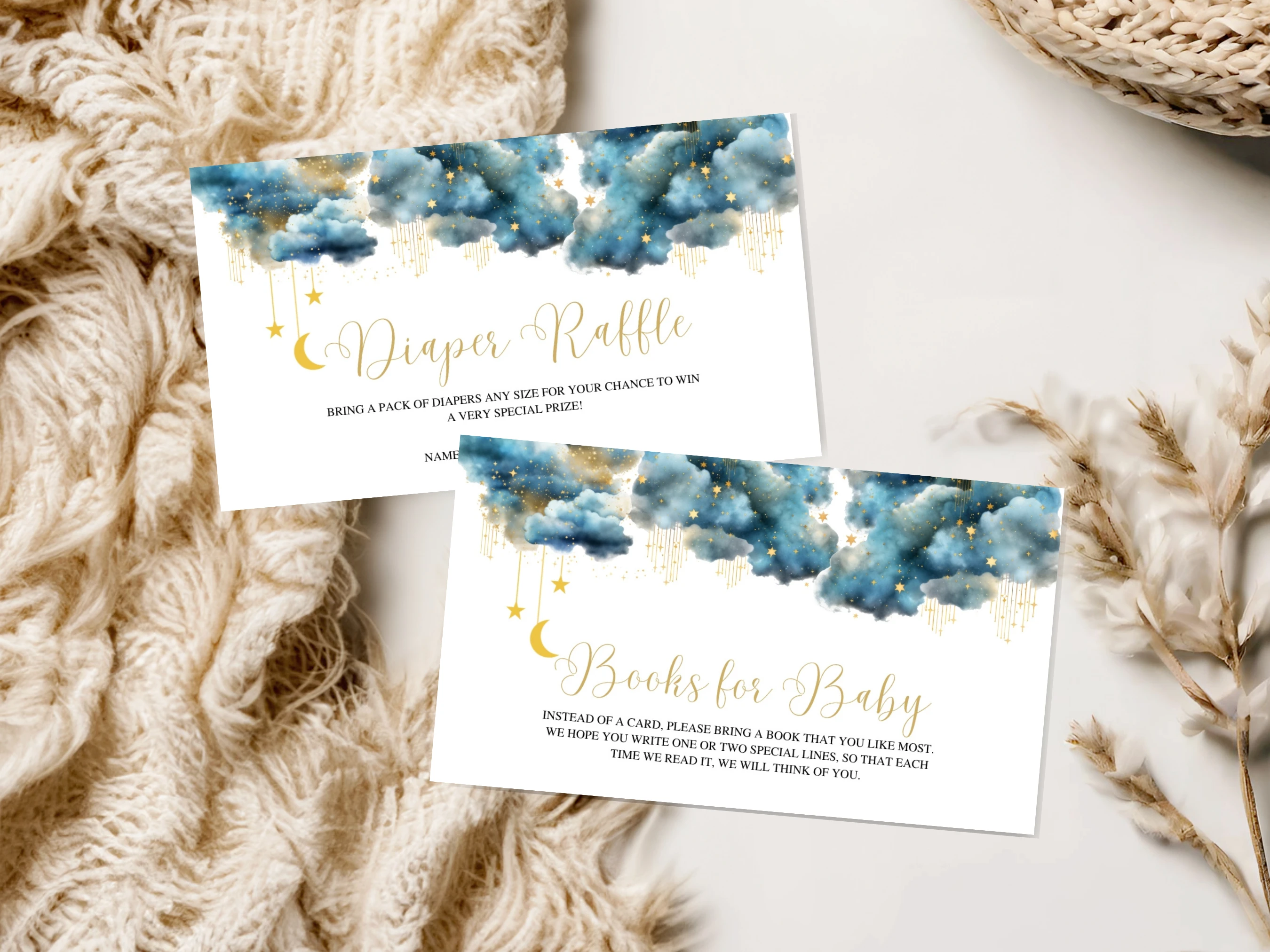 Twinkle Little Star Baby Shower Invitation Set | Over The Moon Blue Gold Starter Pack | Editable Canva Template | Digital Download