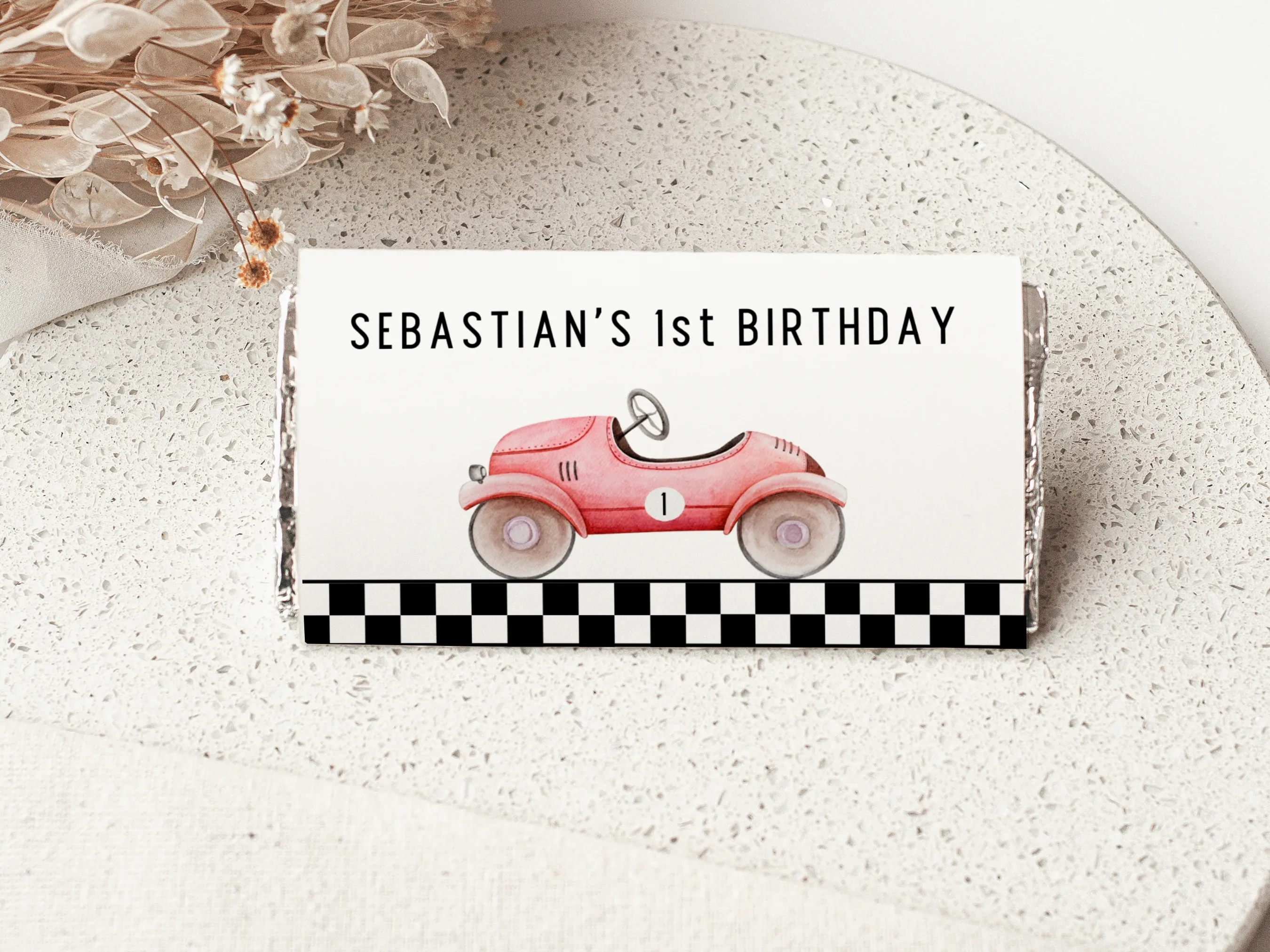 Fast One birthday chocolate wrappers with red vintage race car design, retro racing candy bar labels, editable Canva template by fllcdesigns