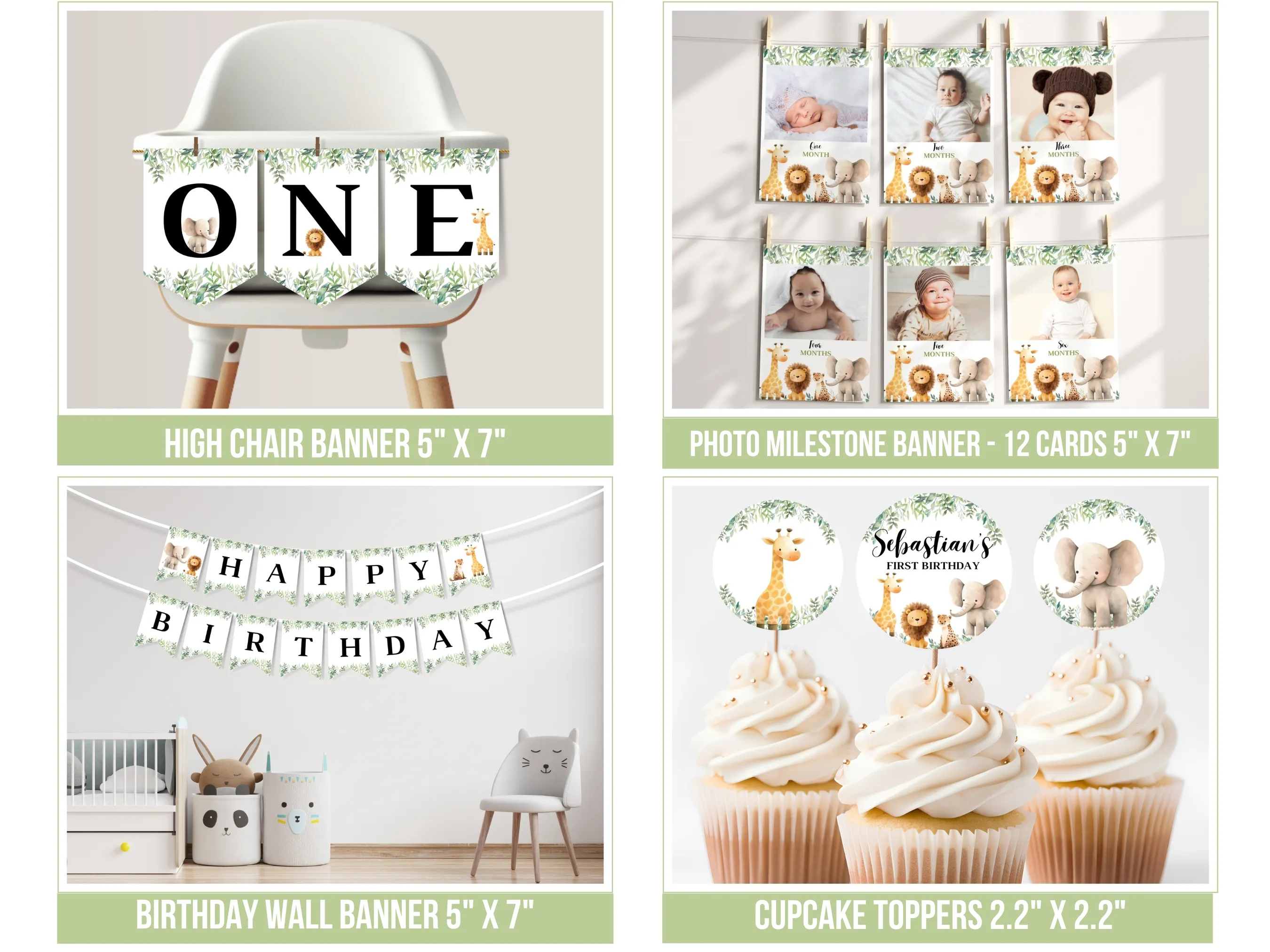Wild One Safari Birthday Bundle | Jungle Animals Birthday Decorations | Editable Canva Template | Digital Download