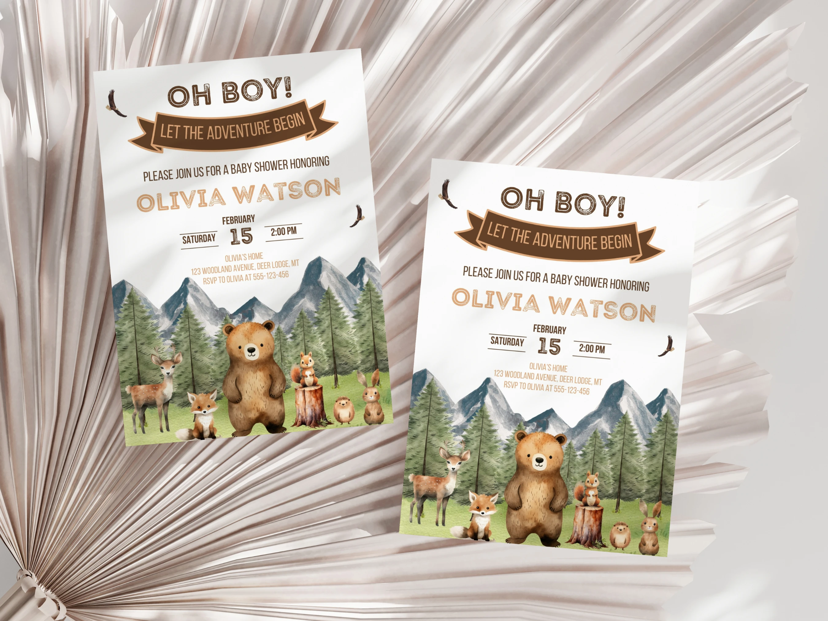 Woodland Baby Shower Invitation | Let The Adventure Begin Baby Shower Invite | Mountain Baby Shower Party | Editable Canva Template | Digital Download