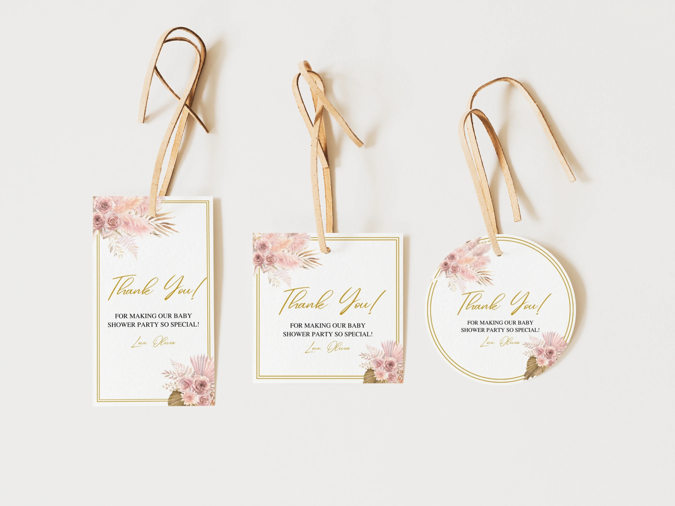 boho baby shower thank you tags pampas grass rose gold baby girl favors canva template digital download, pampas grass baby shower favor tags rose gold boho decorations canva template