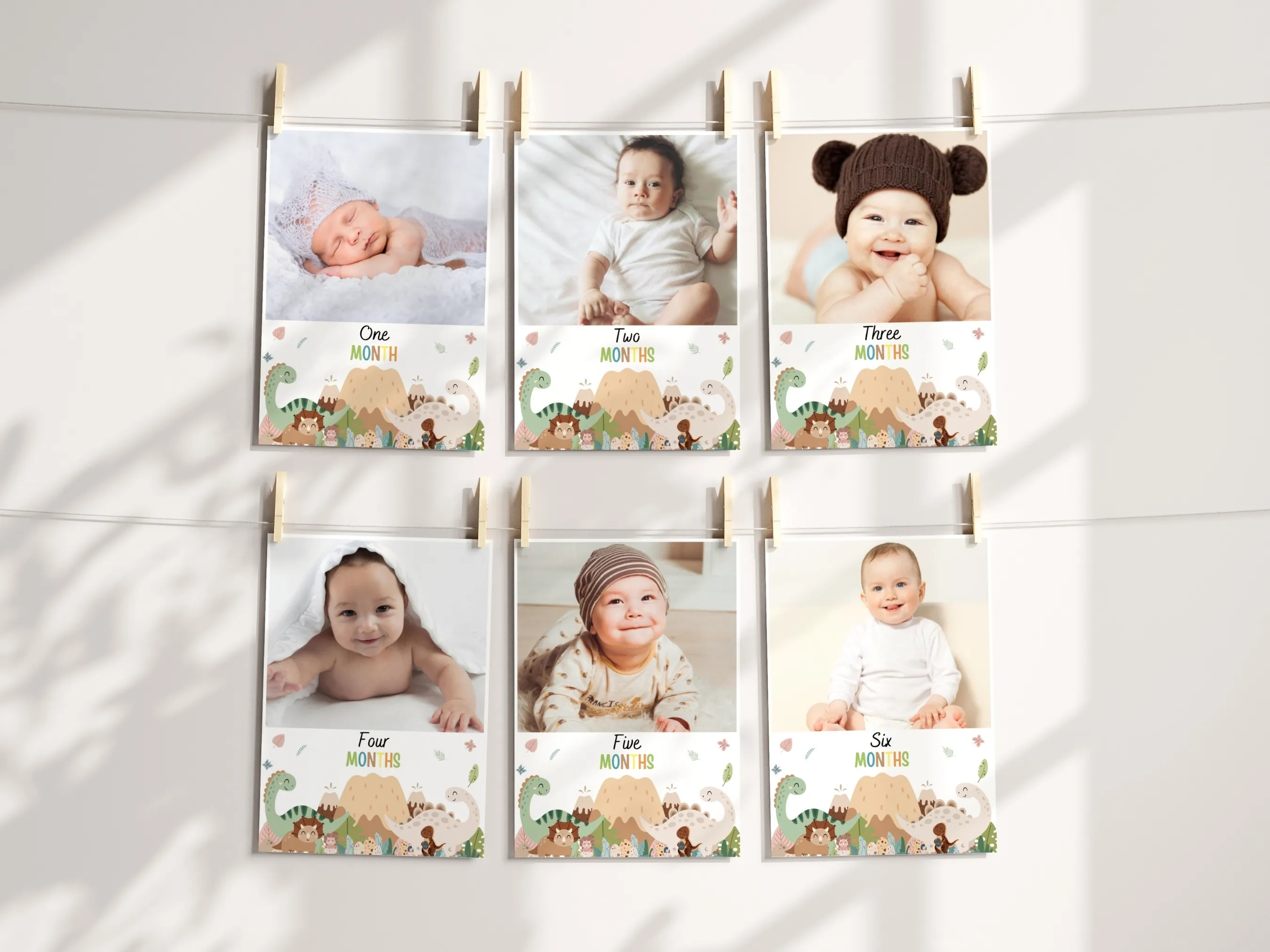 Dinosaur birthday photo banner with dino 1st birthday baby milestone cards, editable Canva template for personalized prehistoric birthday decorations, digital download.