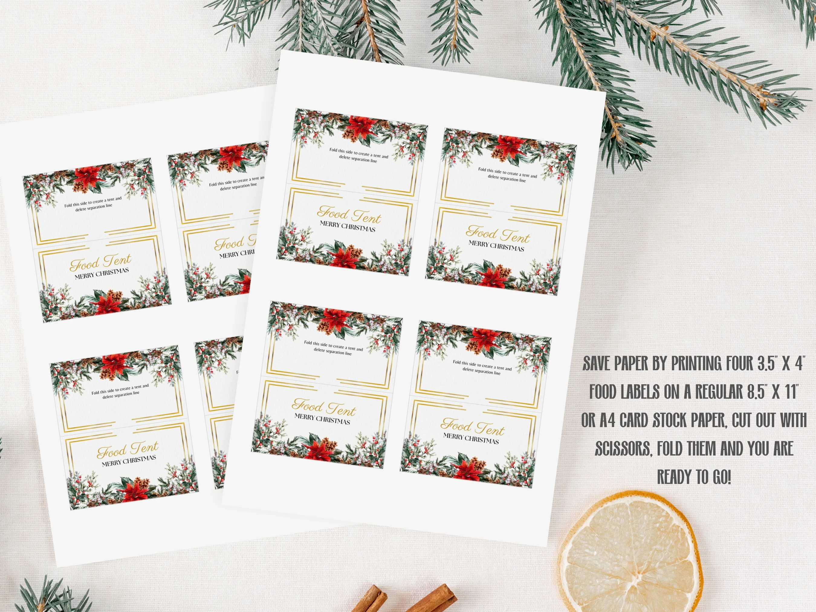 Christmas Place Cards Template | Golden Greenery Food Labels and Table Tents | Editable Canva Template | Digital Download