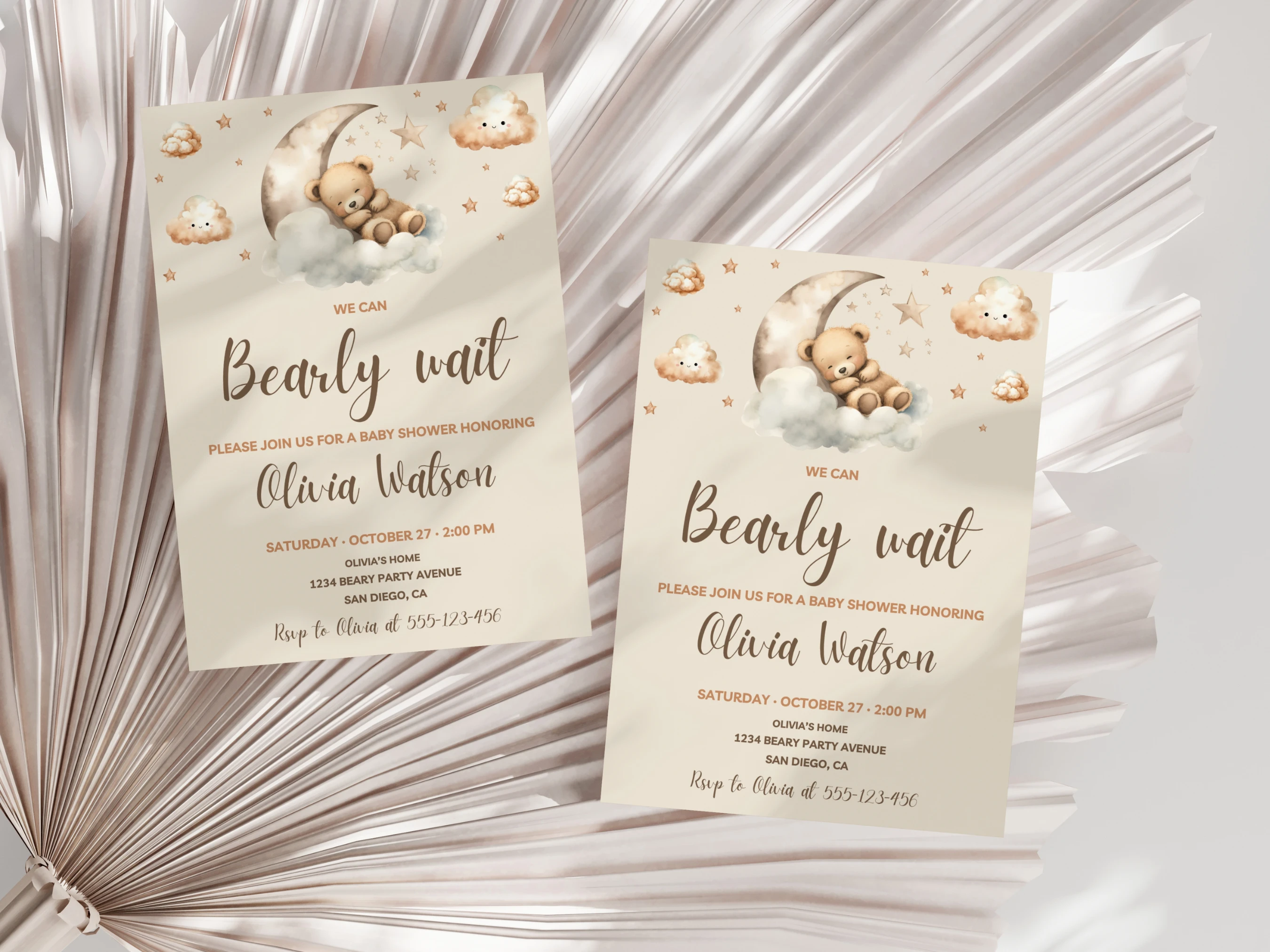 We Can Bearly Wait Baby Shower Invitation | Teddy Bear Baby Shower Invite | Moon and Clouds Boho Baby Shower Party | Editable Canva Template | Digital Download