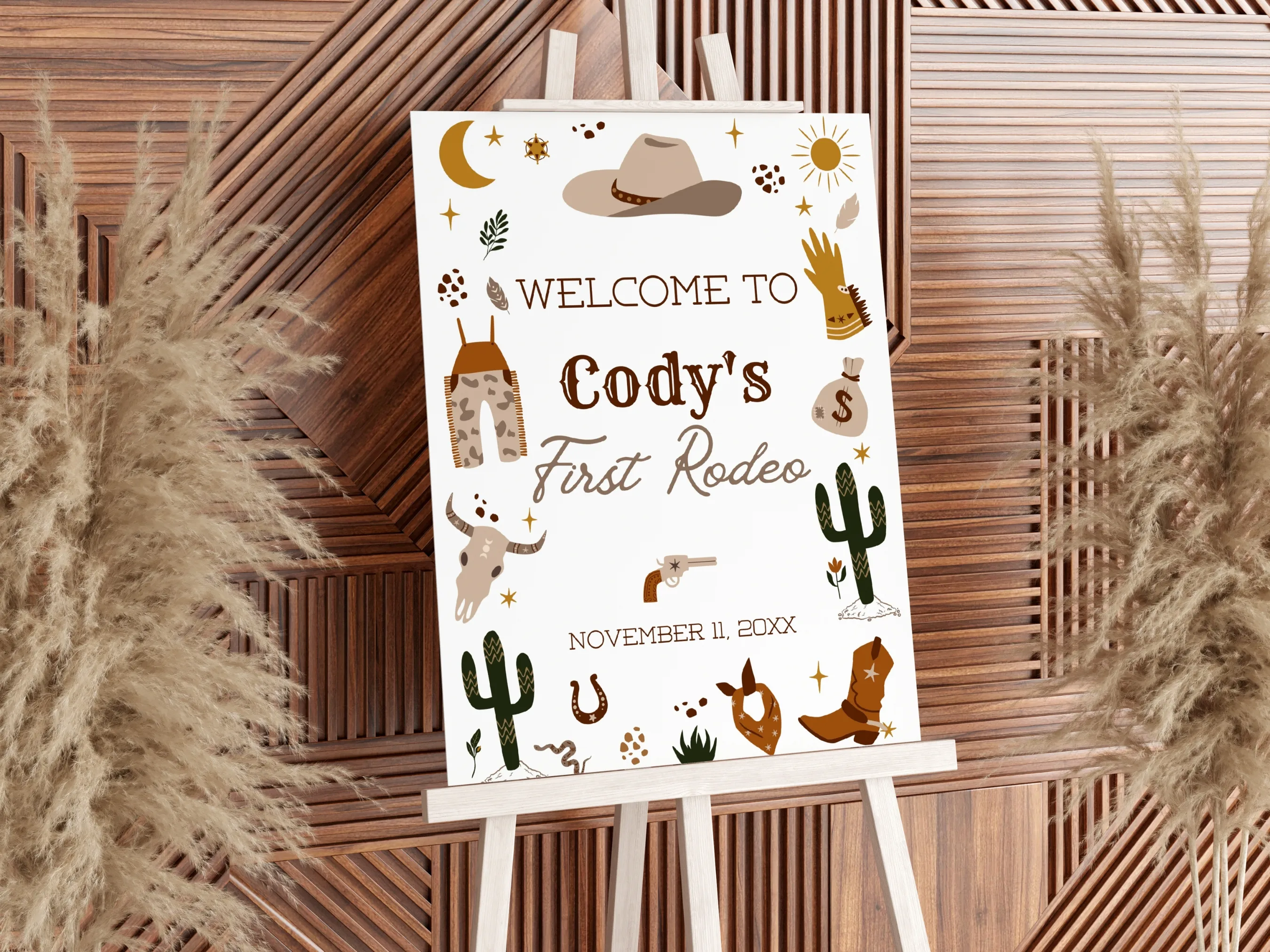My First Rodeo birthday welcome sign with cowboy western theme, rope and star elements, editable Canva template by fllcdesigns