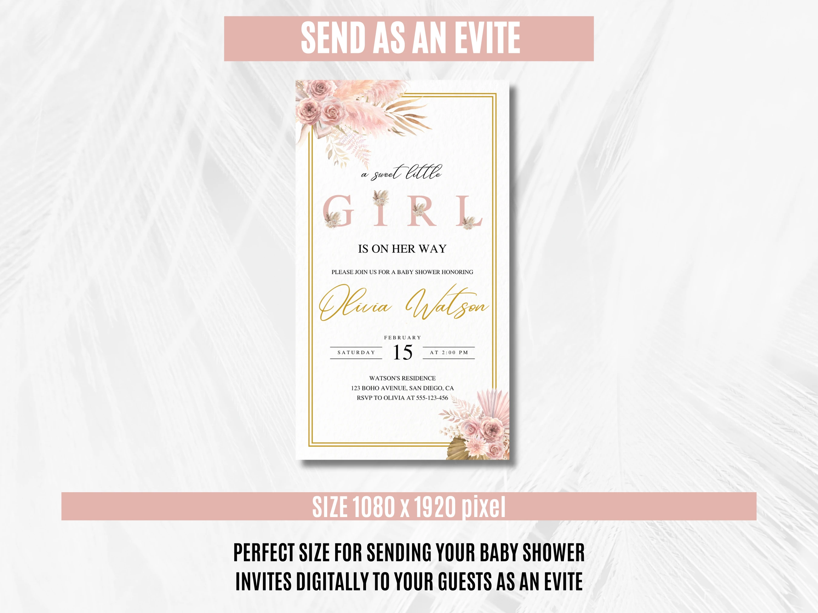 Boho Baby Shower Mobile Invitation | Pampas Grass Girl Baby Shower Digital Invite | Pink and Gold Baby Shower Party | Editable Canva Template | Digital Download