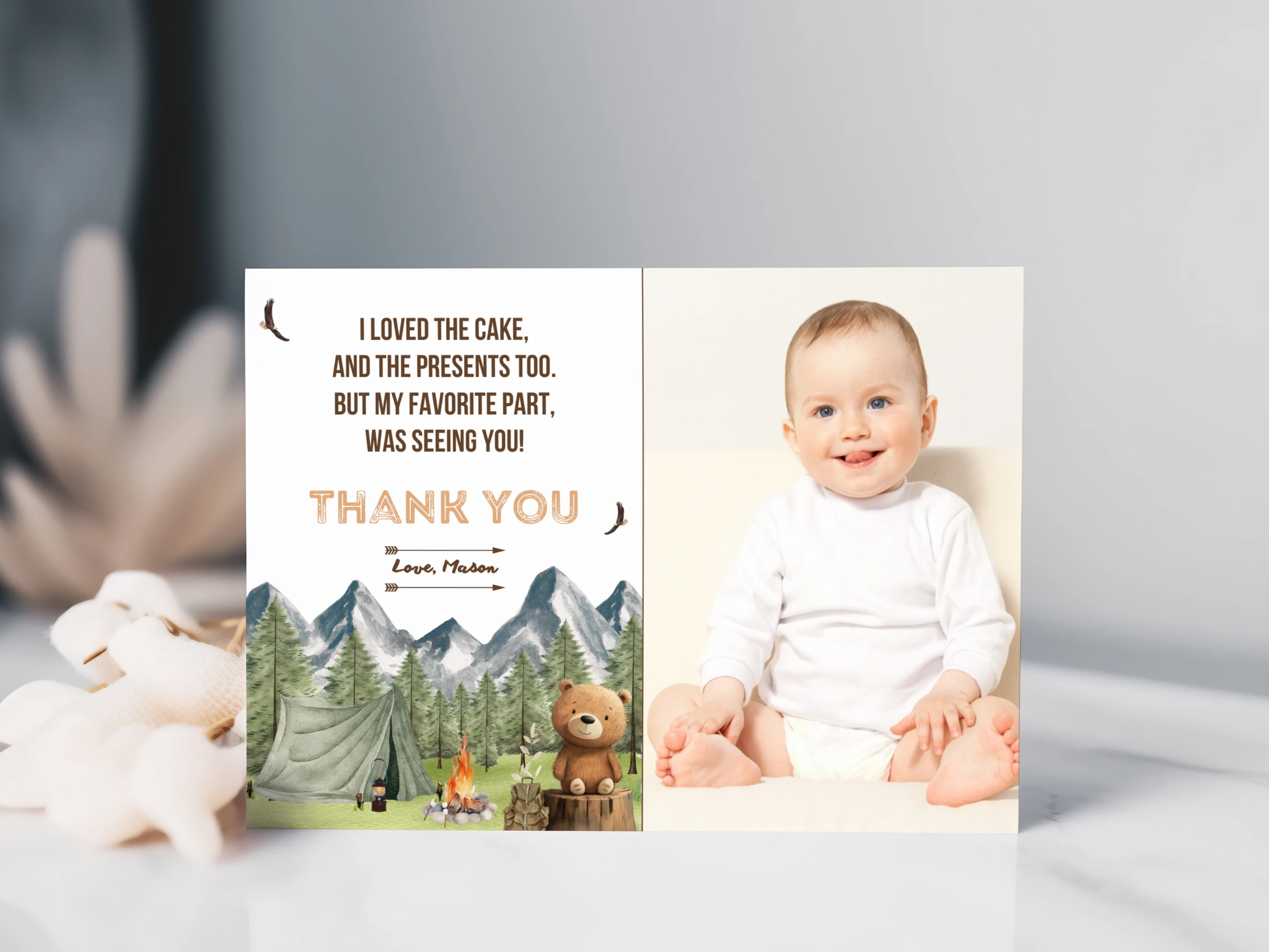 happy camper thank you card, woodland birthday thank you note, birthday thank you card with photo, camping birthday thank you note, printable kids thank you card