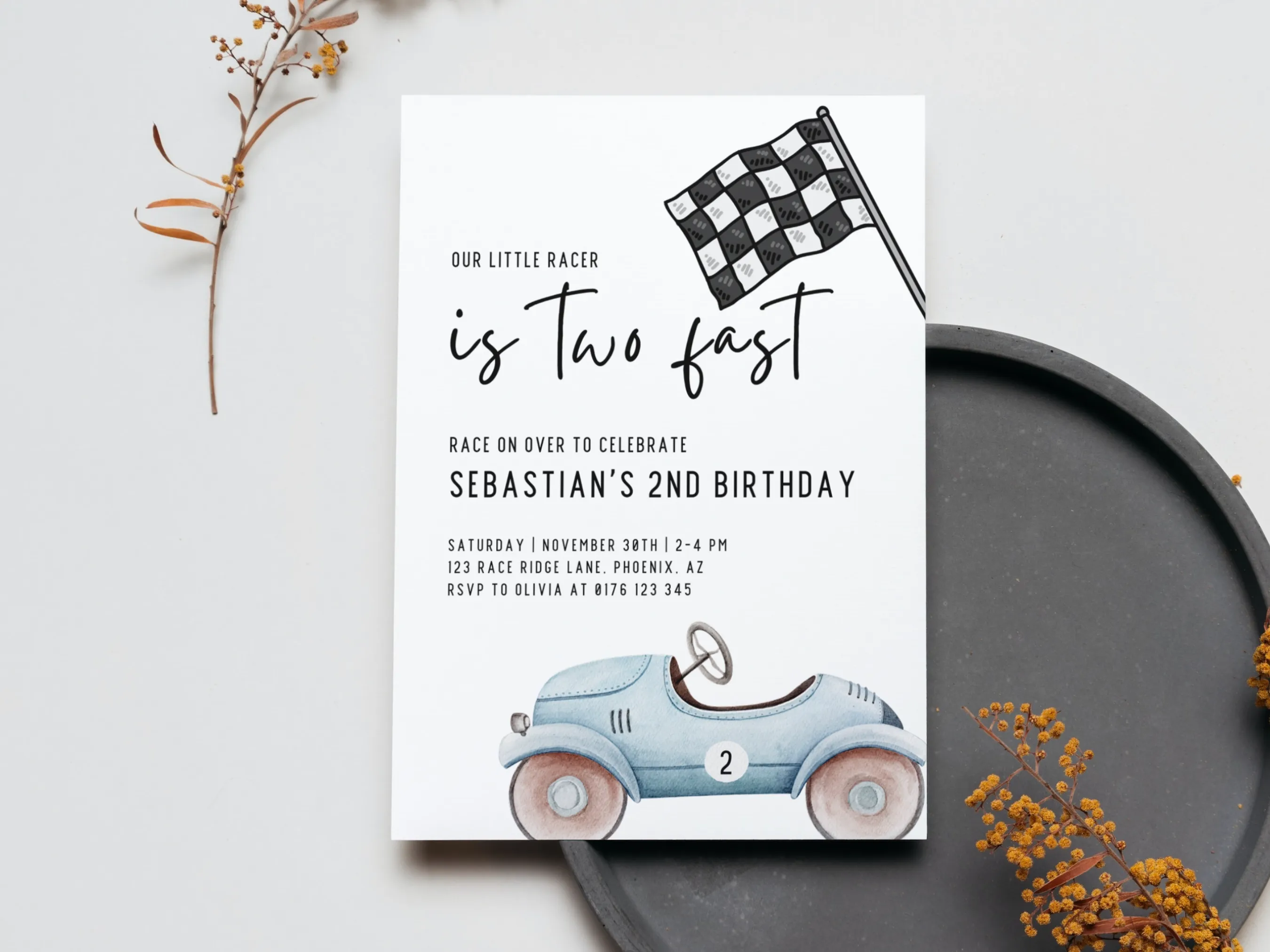 Two Fast birthday invitation — vintage race car theme editable Canva template for boys’ birthday party (digital download)