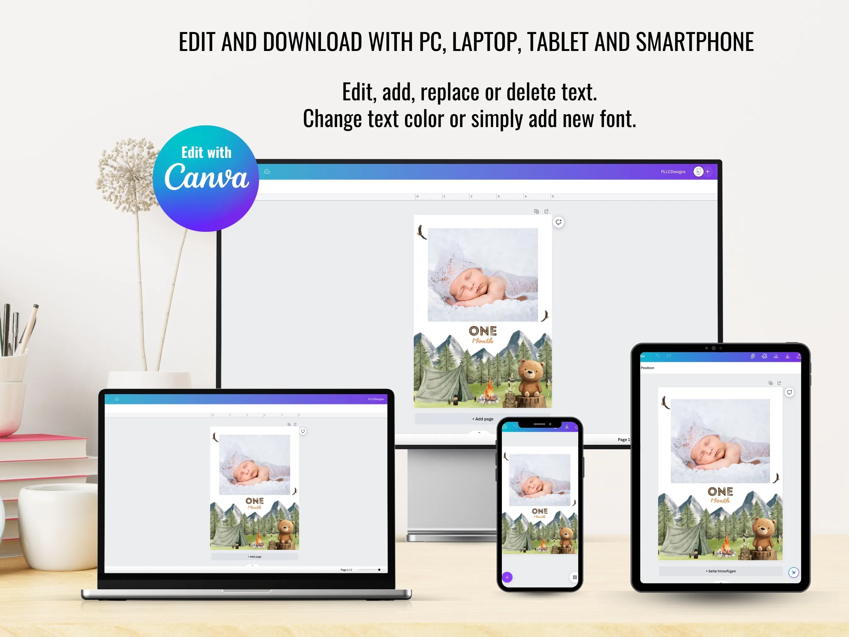 One Happy Camper Baby Photo Banner | Woodland Birthday Milestone Banner | Editable Canva Template | Digital Download