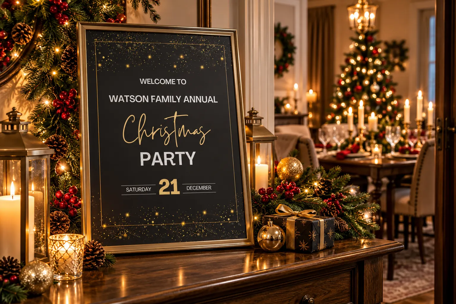 Black and gold Christmas welcome sign displayed in a festive entryway overlooking an elegant Christmas dinner table