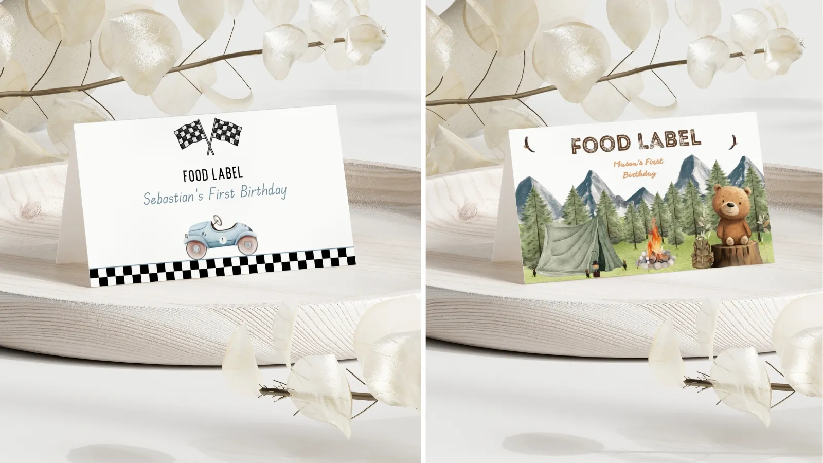 Printable table cards displayed on a party table, used as food labels and place cards for a birthday or celebration, editable Canva template