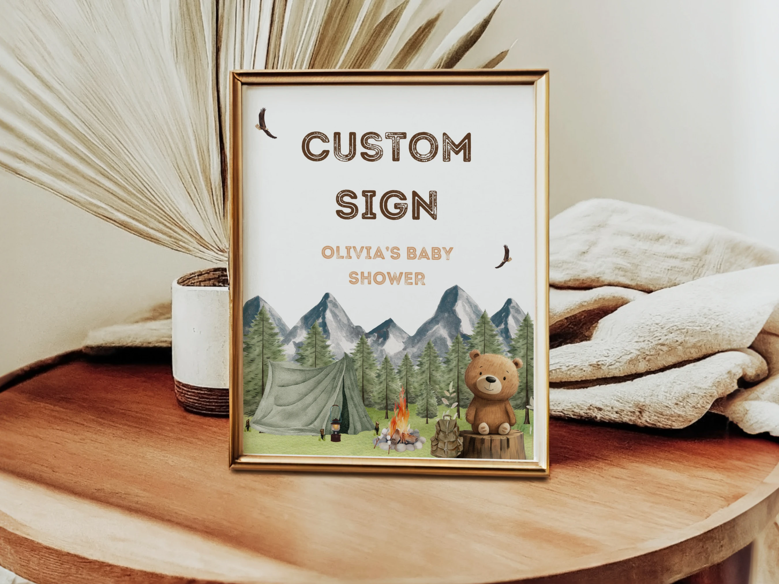 ittle camper baby shower table sign printable, adventure awaits baby shower pacifier hunt sign, forest mountains baby shower diaper raffle sign, little camper late night diapers baby shower sign, editable baby shower sign Canva