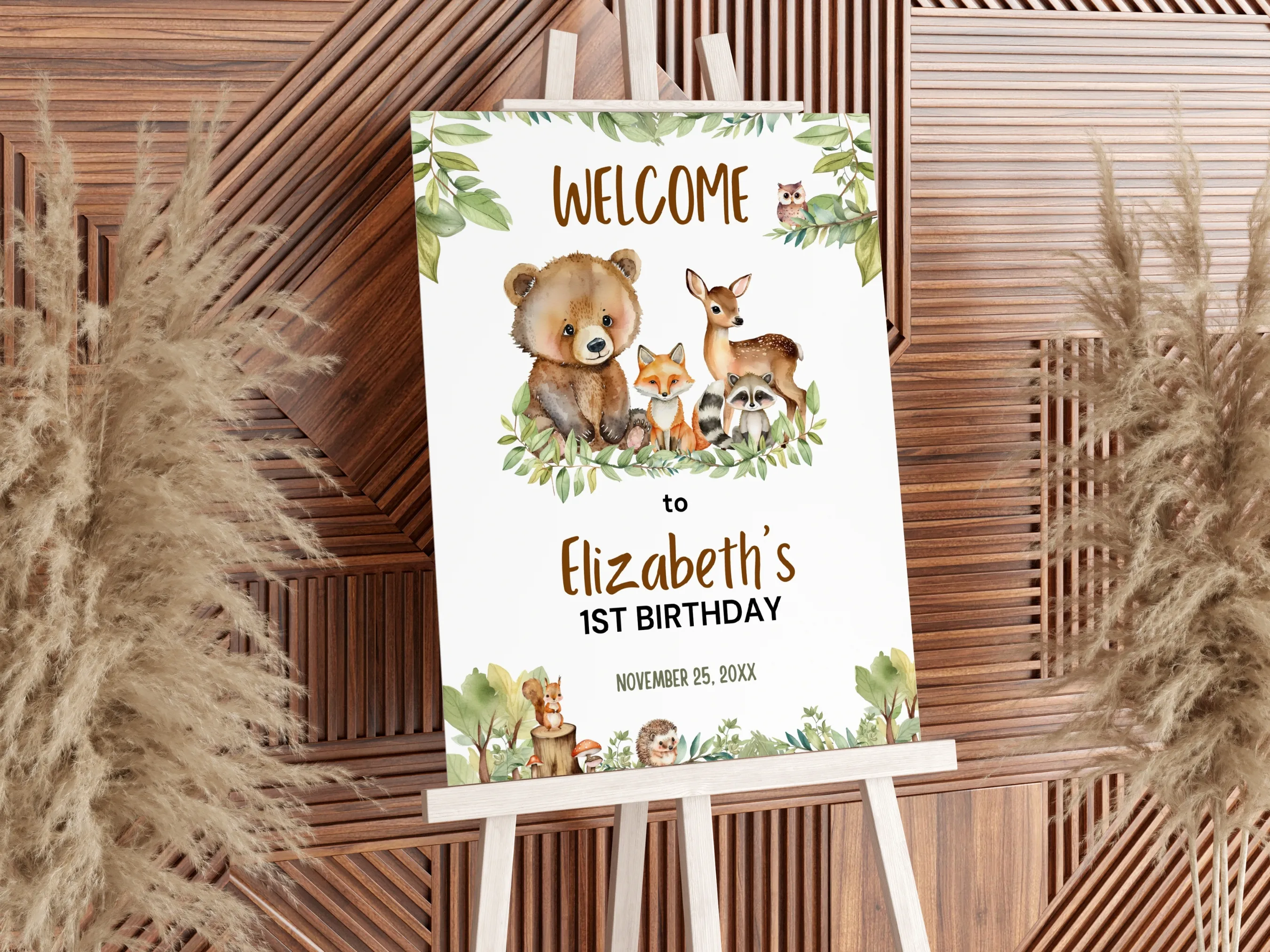 Woodland birthday welcome sign with forest animals, greenery and rustic Wild One theme, editable Canva template by fllcdesigns