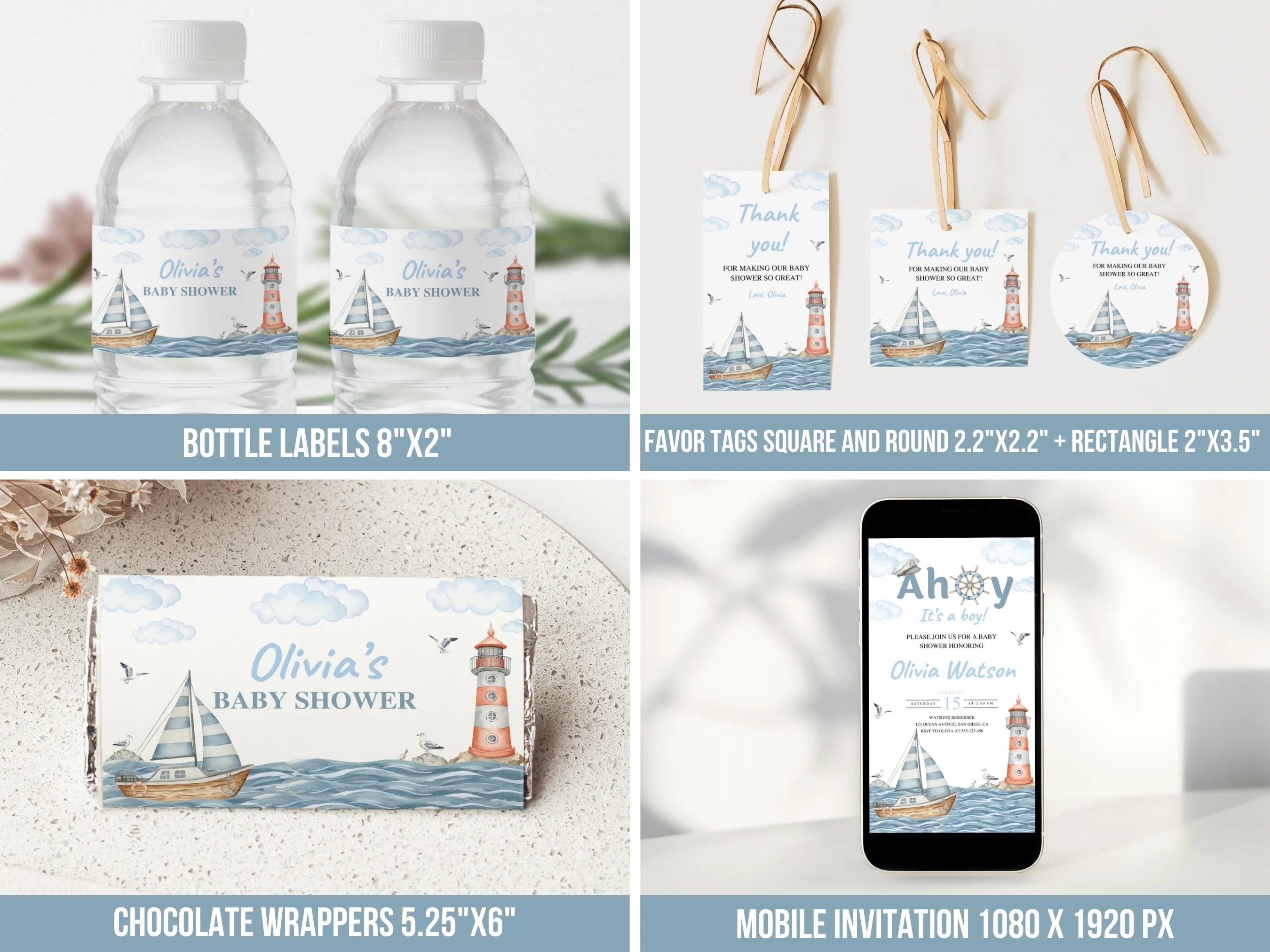 Ahoy Its a Boy Baby Shower Bundle | Nautical Baby Shower Invitation | Ocean Baby Shower Games | Nautical Theme Party Favors, Sailboat Invite