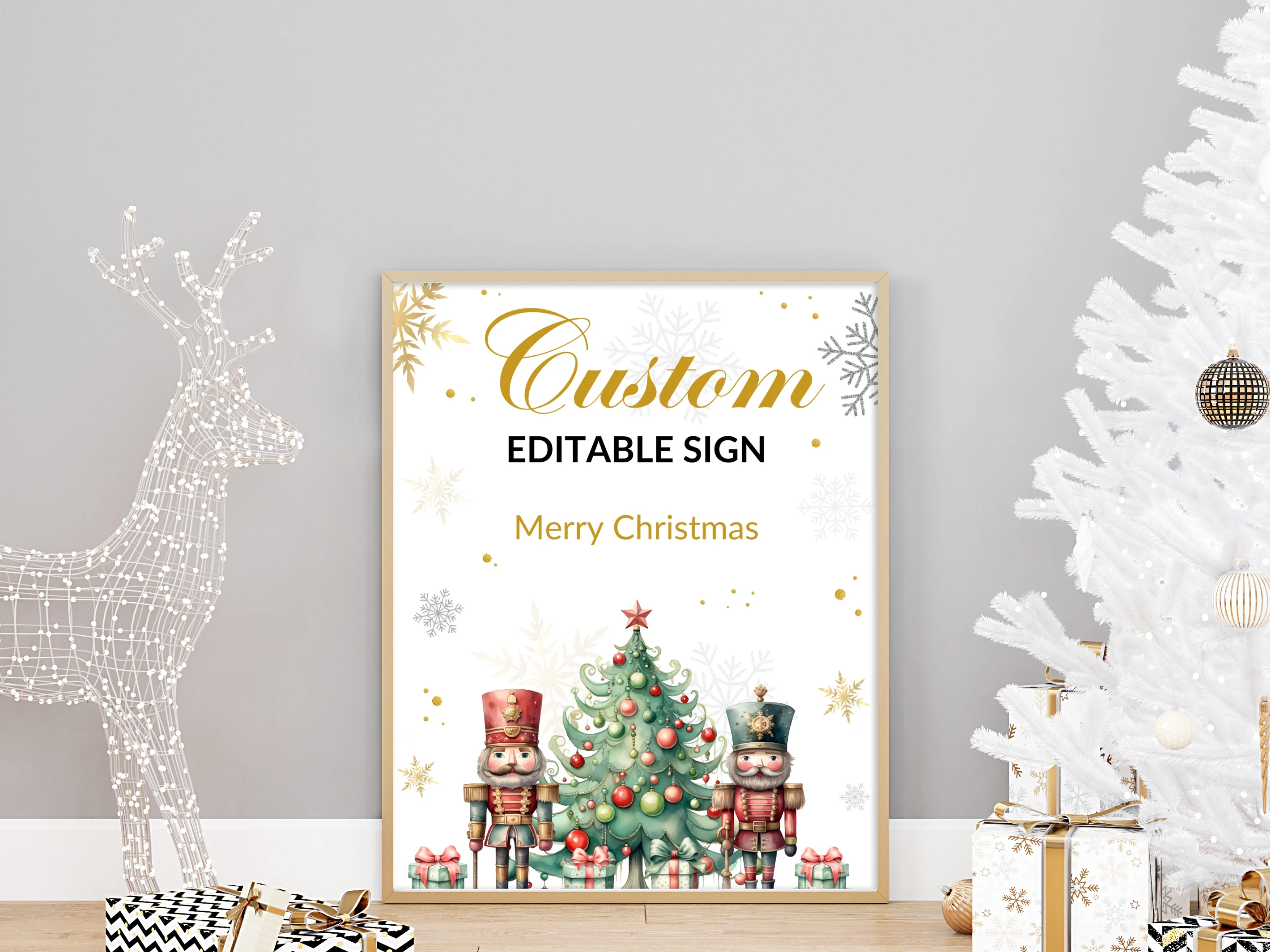 Personalized Nutcracker Christmas sign template with festive Christmas tree, nutcracker soldiers, gifts and snowflake details, editable 8 × 10 inch Canva holiday table decor