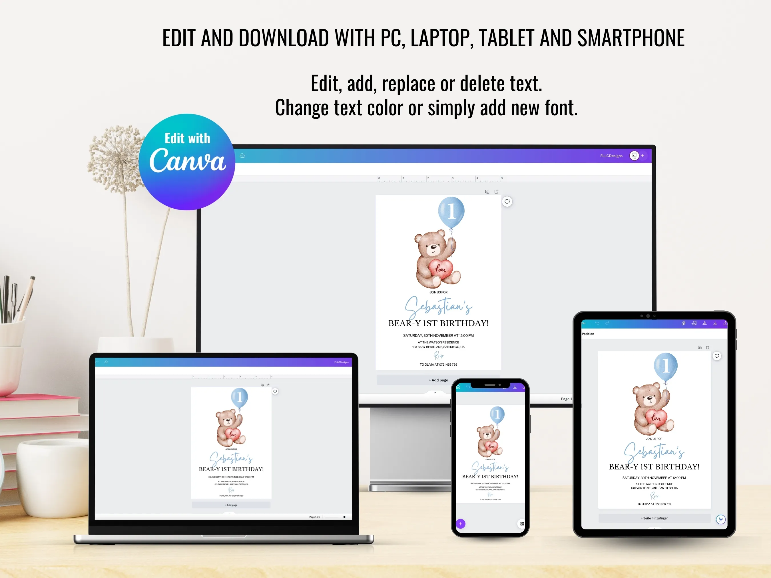 Beary First Birthday Bundle | Teddy Bear 1st Birthday Party | Editable Canva Template | Digital Download