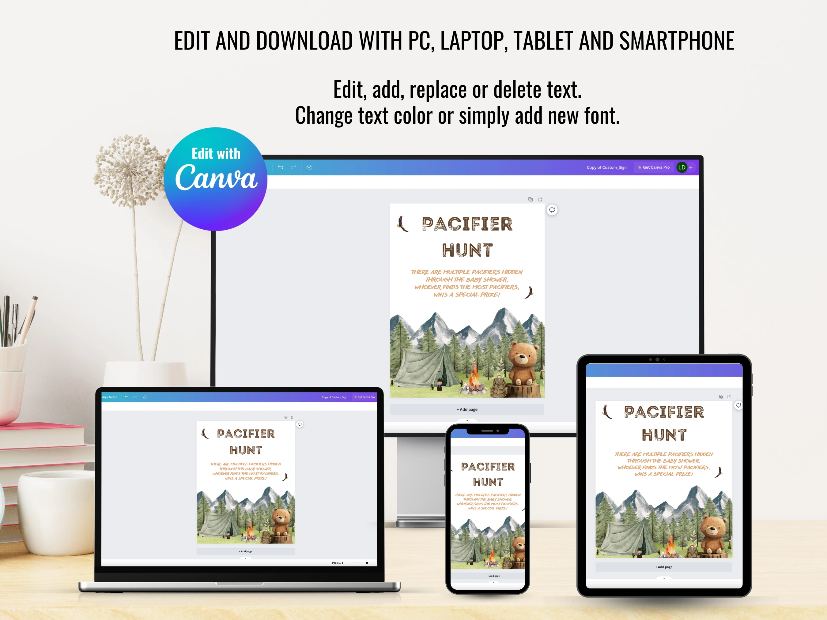 Little Camper Baby Shower Table Signs | Adventure Awaits Late Night Diapers | Pacifier Hunt Sign | Editable Canva Template | Digital Download