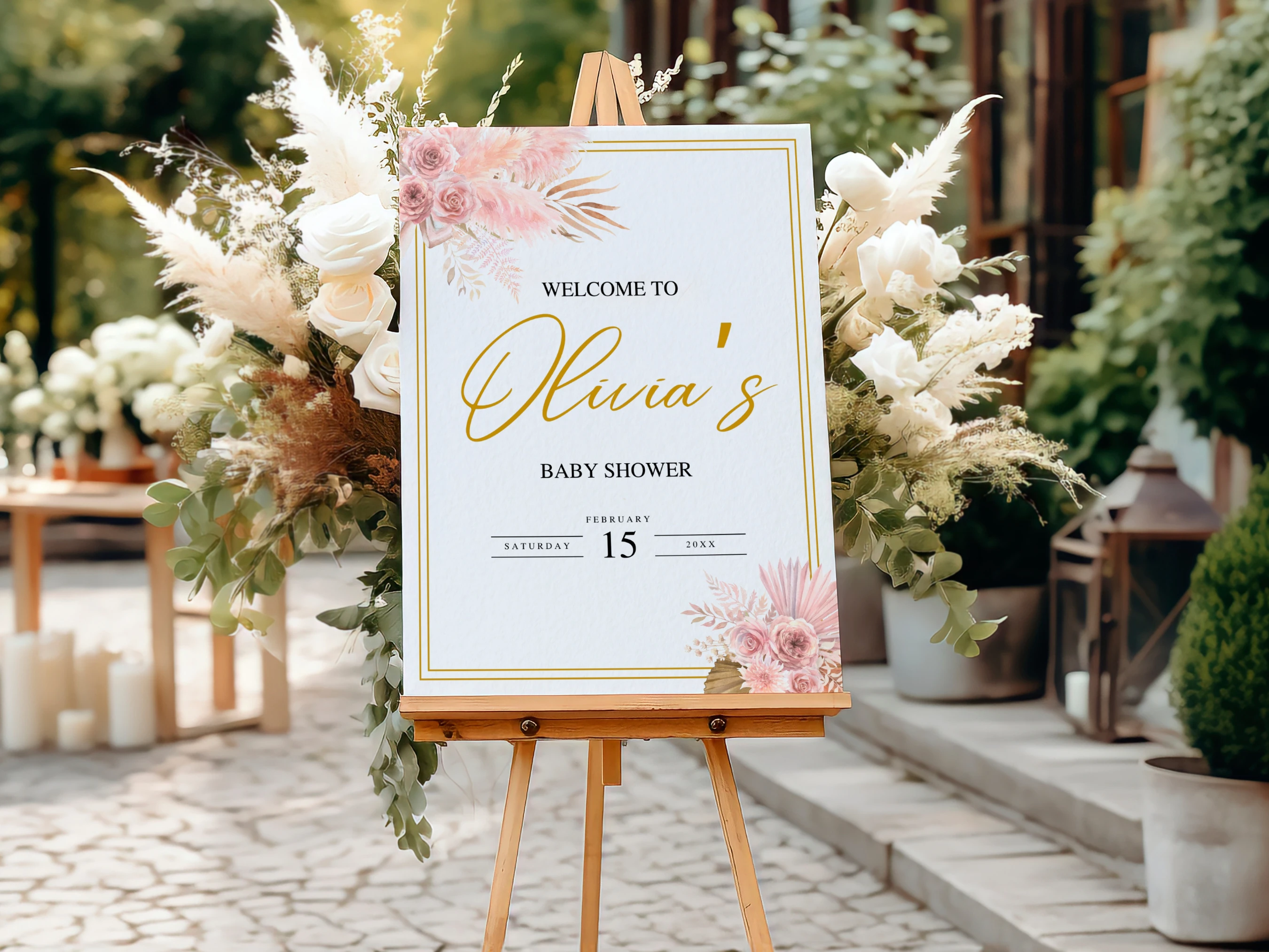 Boho Baby Shower Welcome Sign | Pampas Grass Rose Gold Welcome Board For Baby Girl | Editable Canva Template | Digital Download
