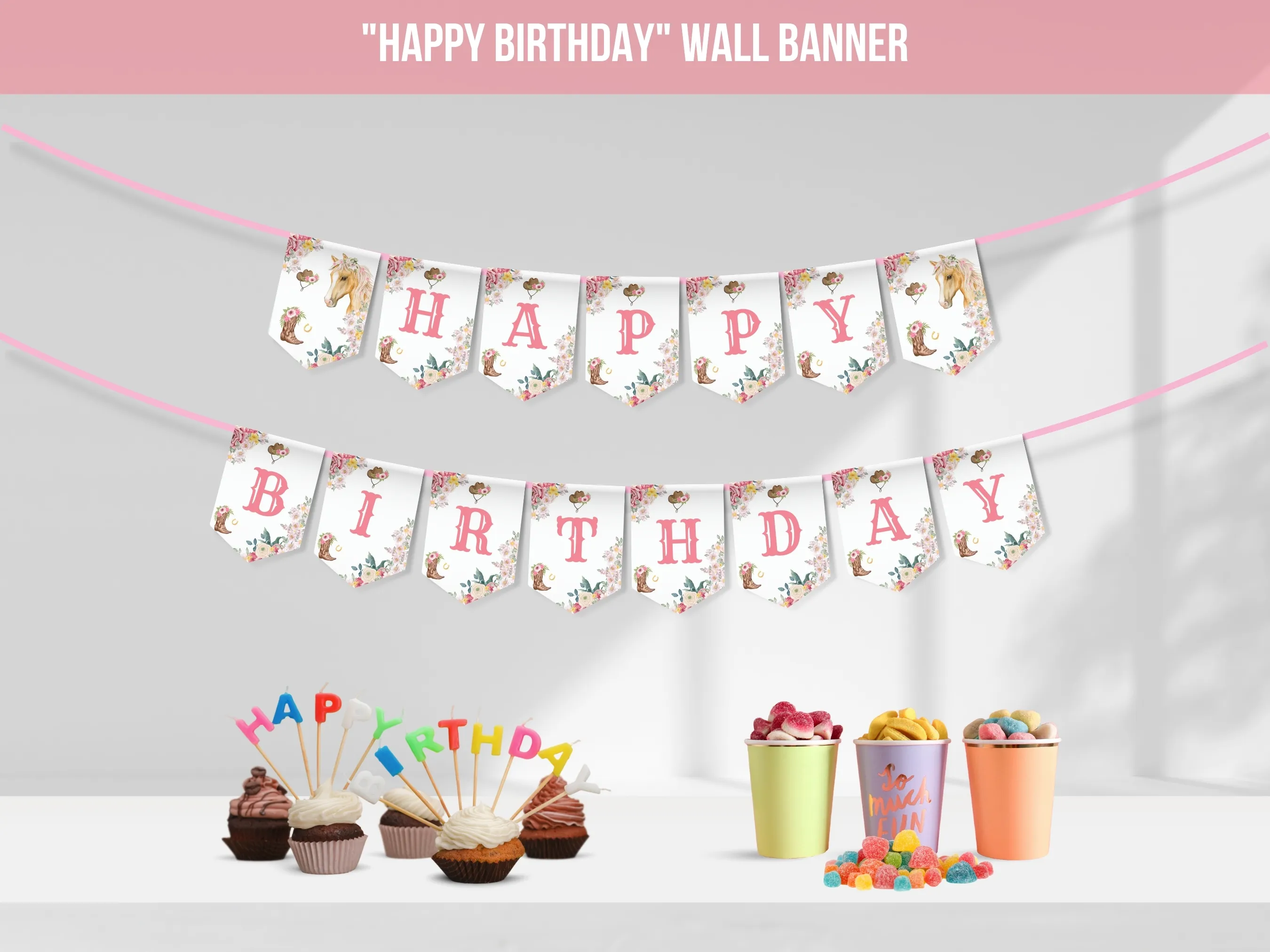 Horse Happy Birthday banner with cowgirl and pony theme, customizable birthday bunting and wall banner, editable Canva template by fllcdesigns