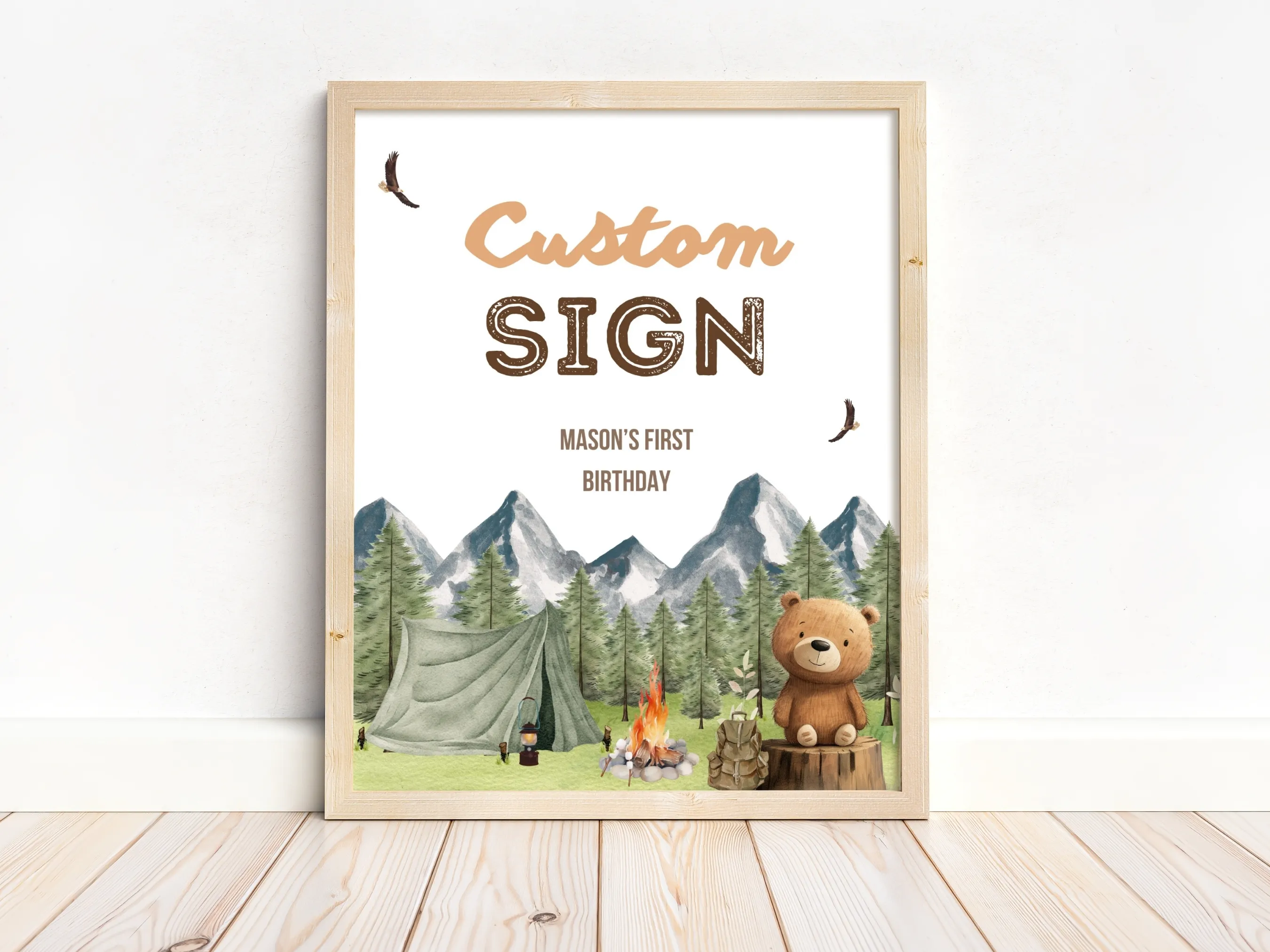 One Happy Camper custom birthday sign with camping and woodland theme, customizable cards and gifts table sign, editable Canva template by fllcdesigns