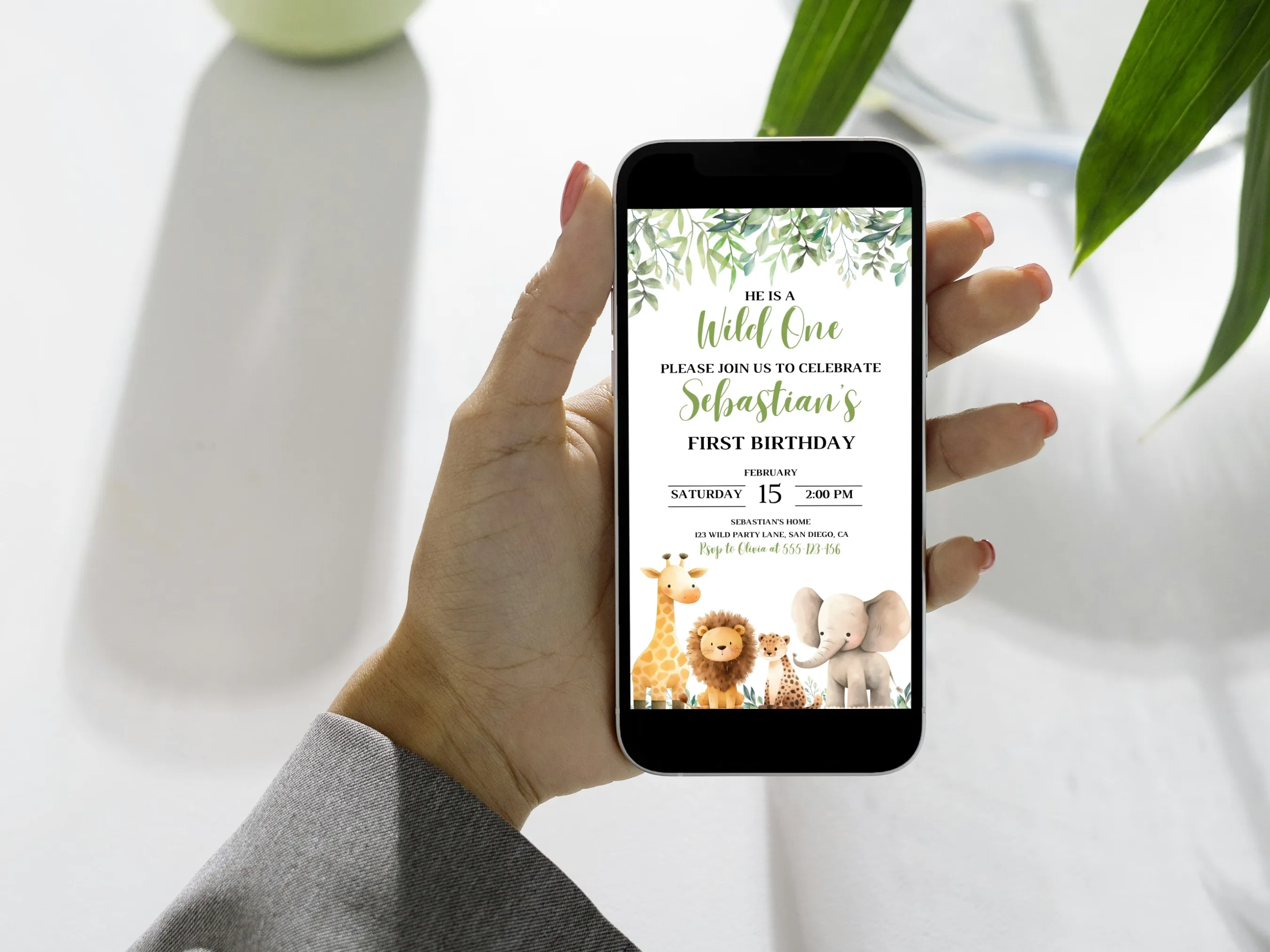 Wild One Birthday Mobile Invitation | Safari Jungle Evite | Editable Canva Template | Digital Download