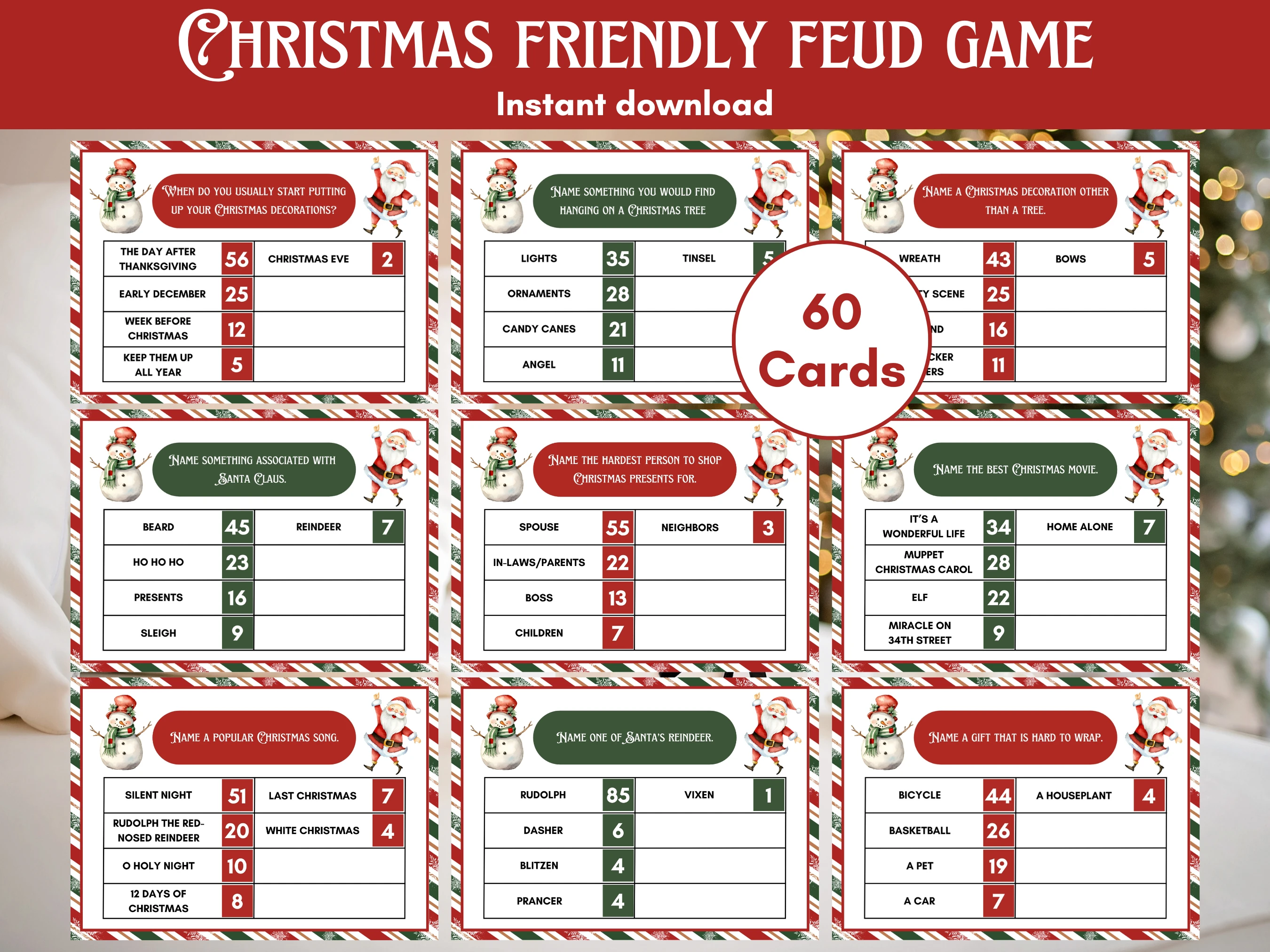 Santa and Snowman Christmas Friendly Feud game with 60 printable survey cards, host and contestant cards, strike cards, scoreboards and festive family party game materials