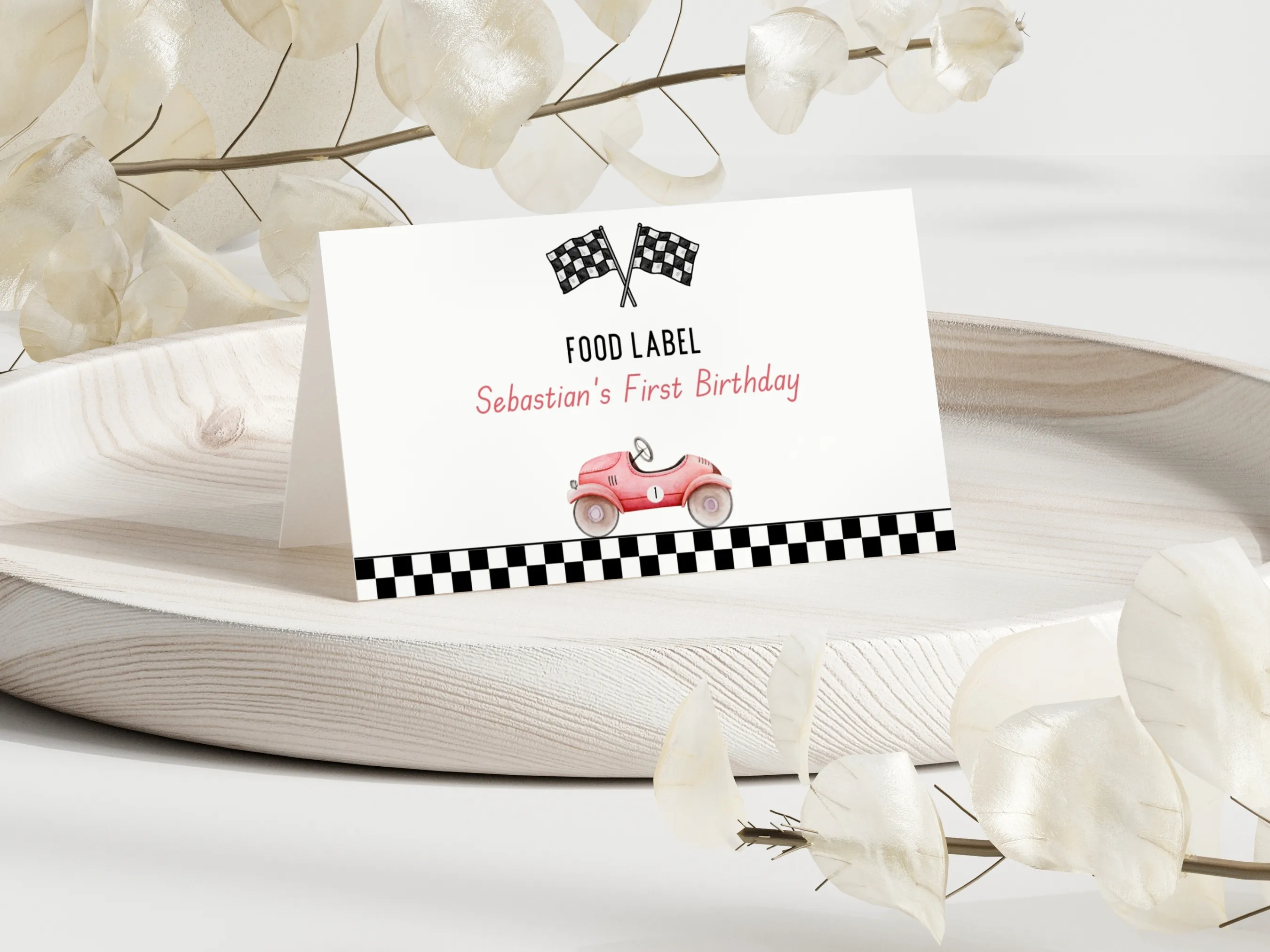 Fast One birthday food tent cards with red race car design, editable place cards and table labels by fllcdesigns