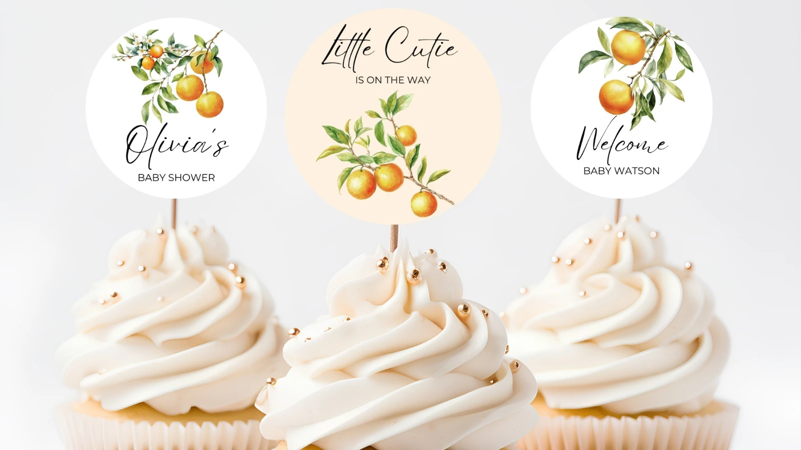 Printable baby shower cupcake toppers editable in Canva for decorating cupcakes and dessert tables – fllcdesigns