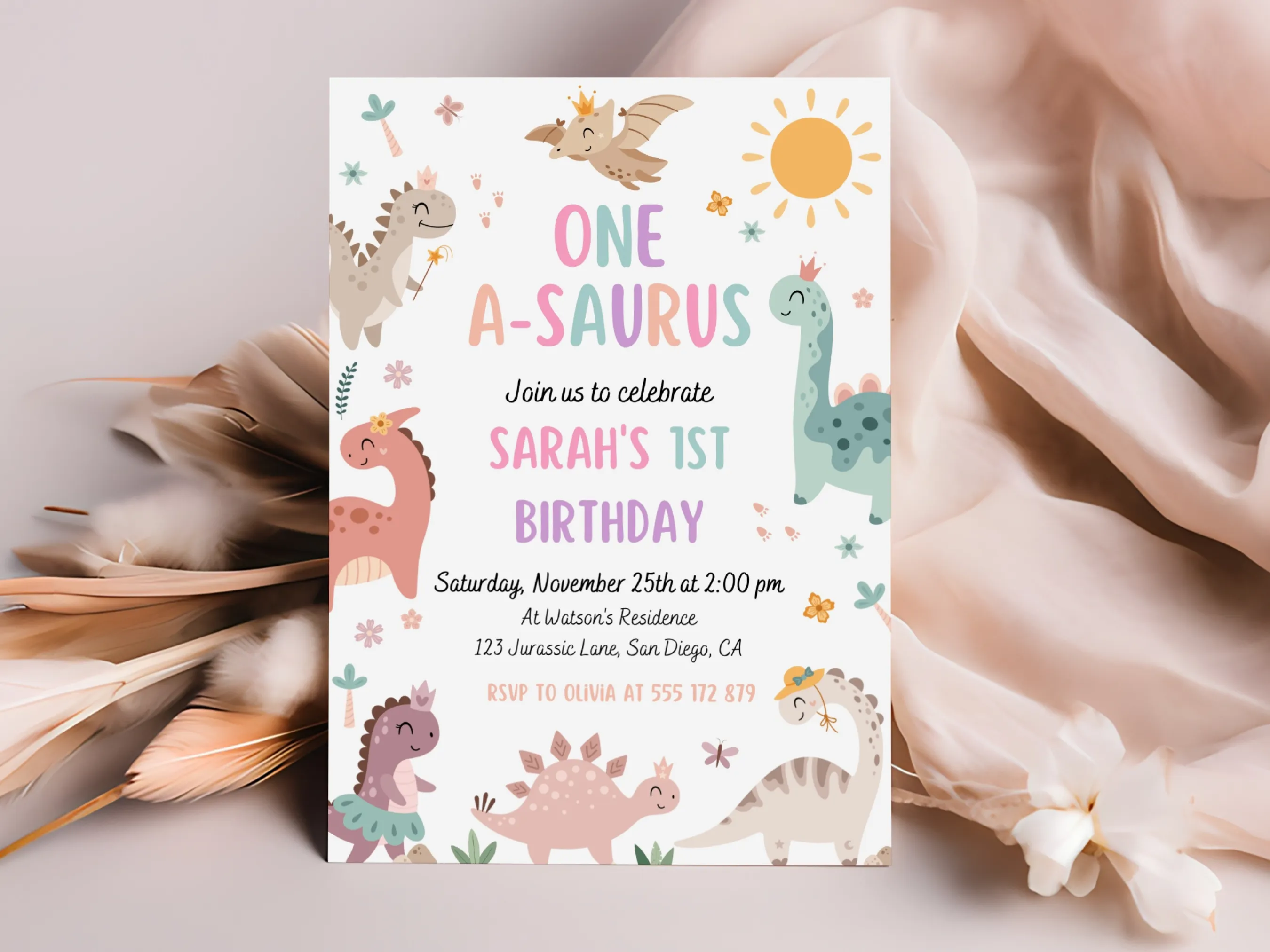 Girl dinosaur 1st birthday invitation with cute T-Rex theme for girls, editable Canva template for kids’ dino party, digital download.