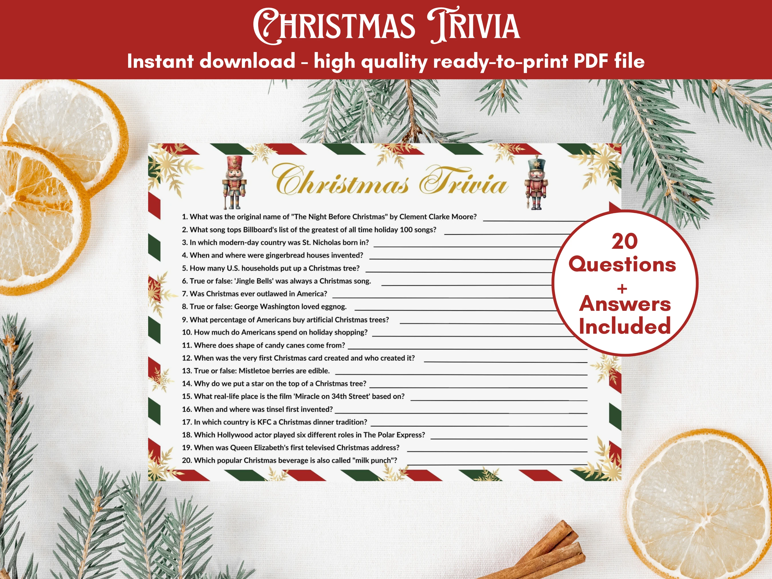 Nutcracker Christmas trivia game with 20 festive holiday questions and included answers, designed as a ready-to-print family Christmas party game