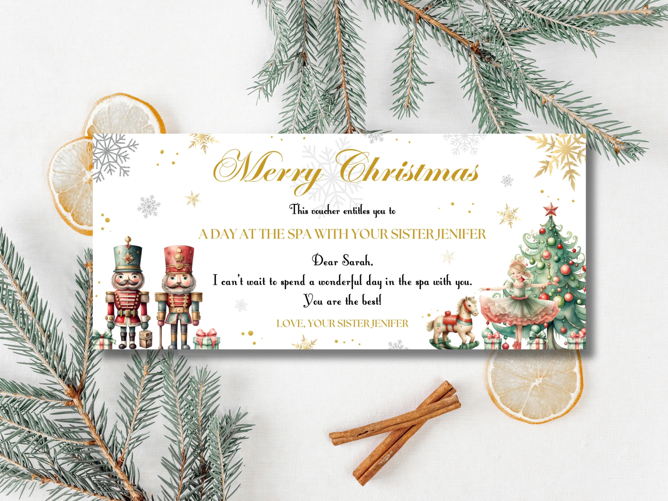 Nutcracker Christmas gift certificate template with festive toy soldiers, Christmas tree and gold details, editable 8 × 3.5 inch Canva voucher for a personalized holiday gift
