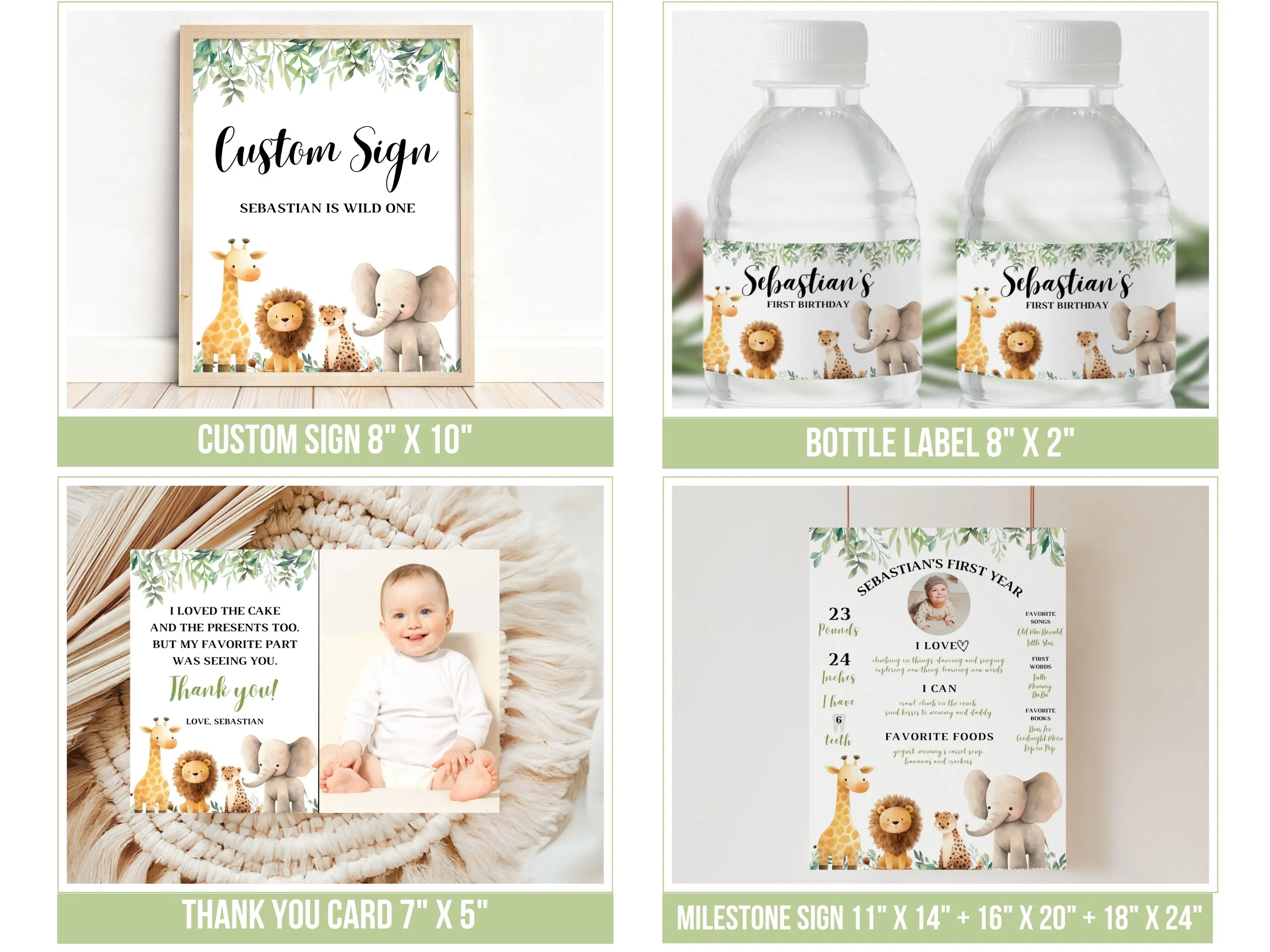 Wild One Safari Birthday Bundle | Jungle Animals Birthday Decorations | Editable Canva Template | Digital Download