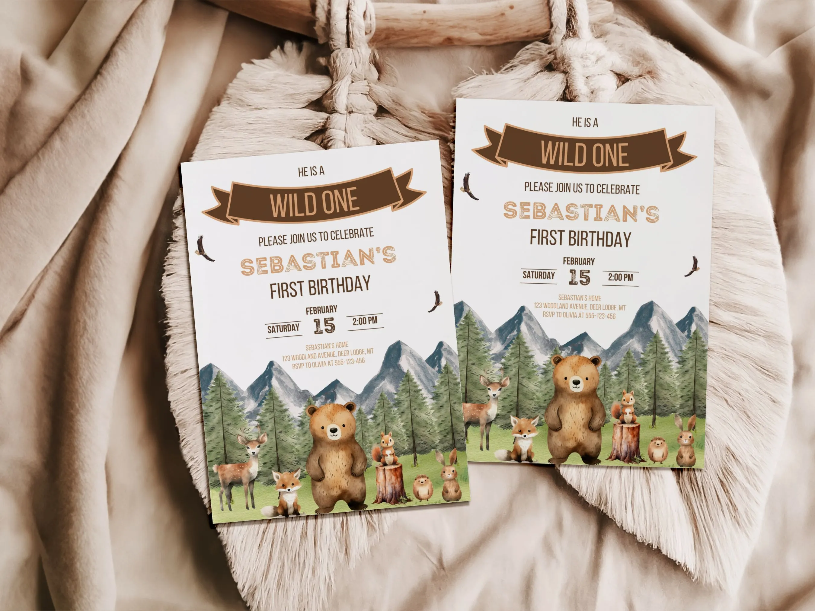 Wild One Woodland Animals Birthday Invitation | Forest Animals Theme | Editable Canva Template | Digital Download