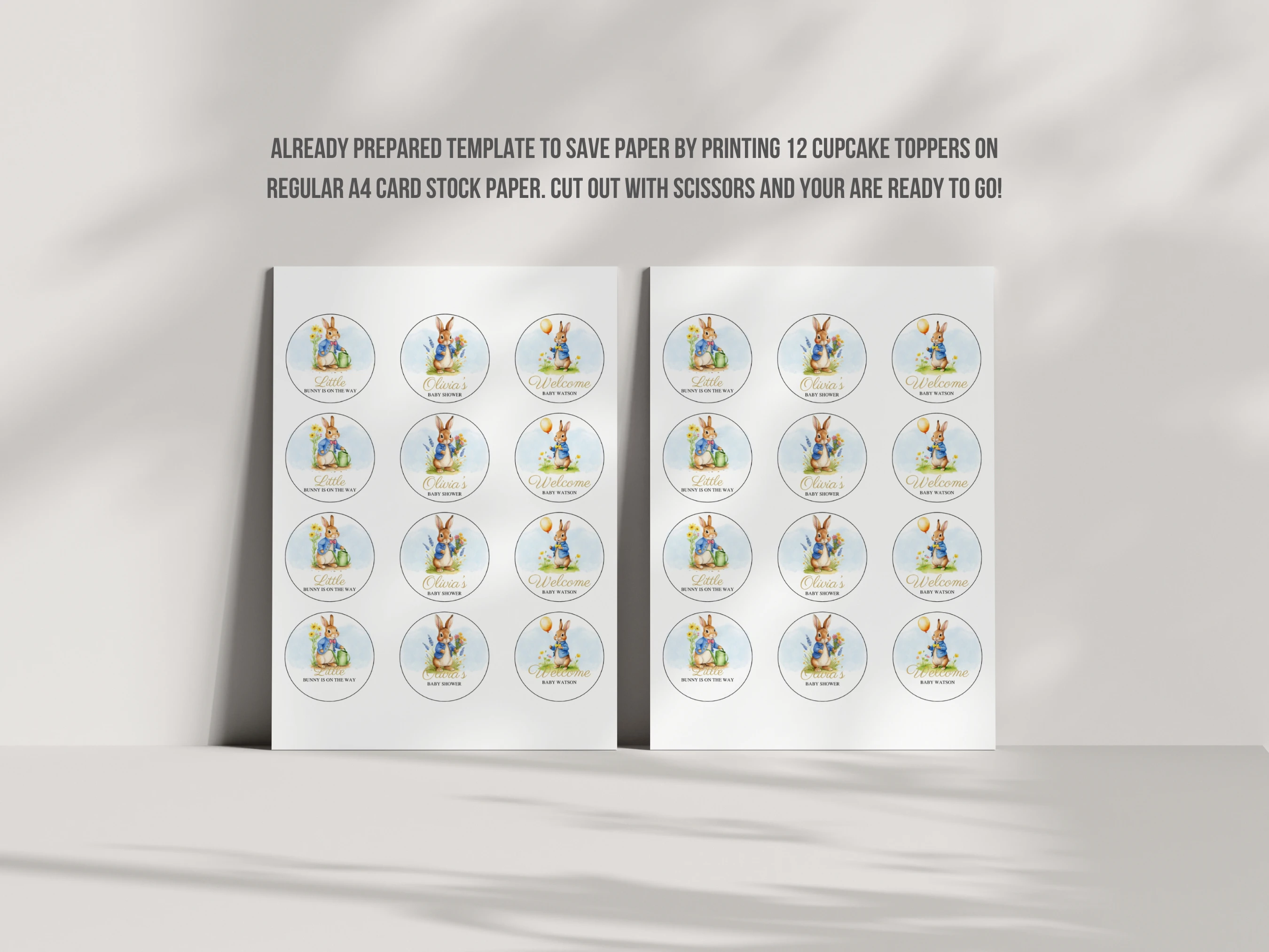 Peter Rabbit Baby Shower Cupcake Toppers | Flopsy Bunny Spring Greenery Cake Topper | Editable Canva Template | Digital Download