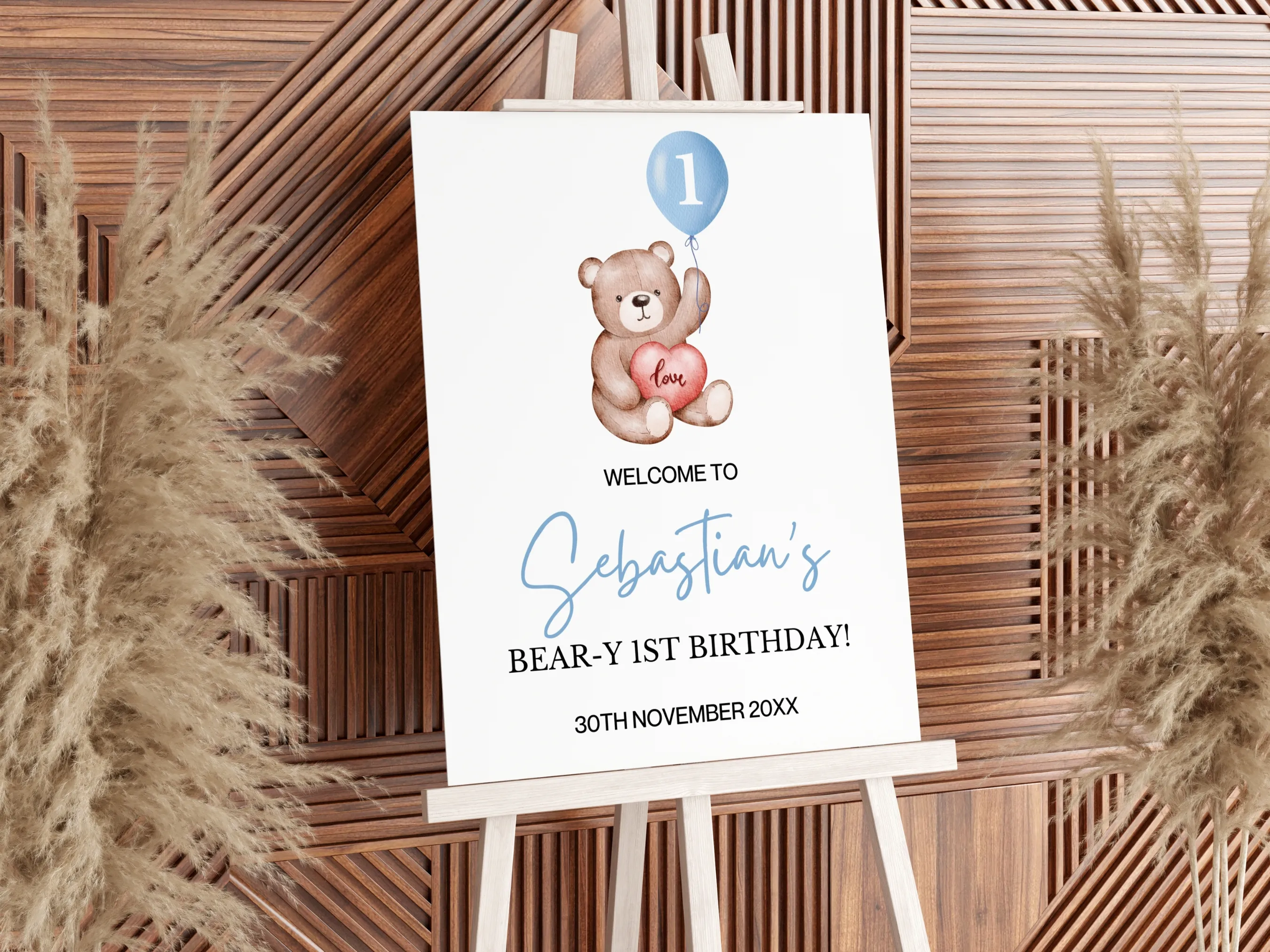 Cute teddy bear birthday welcome sign with beary first birthday party design, printable 1st birthday welcome board, editable Canva template digital download.