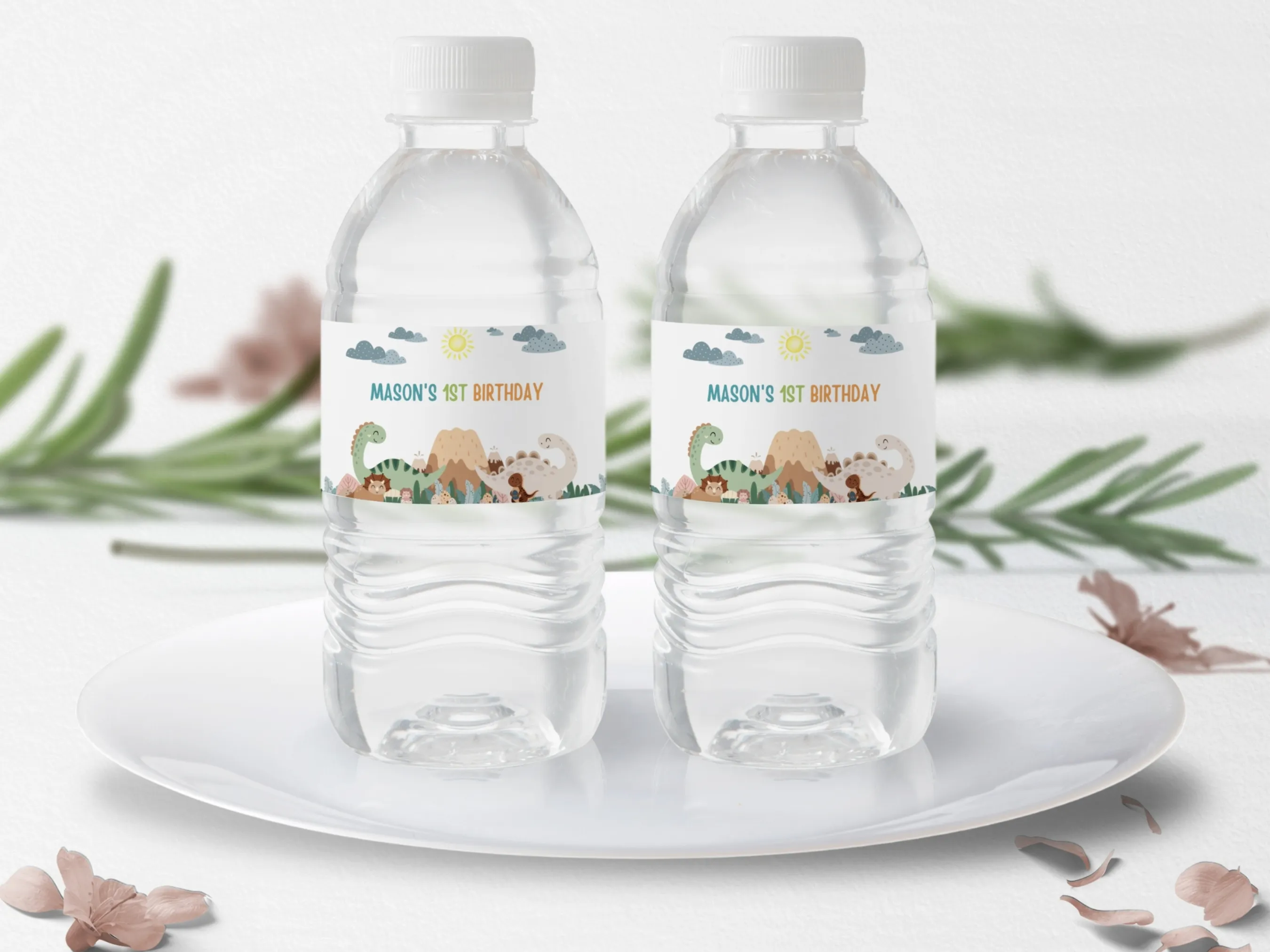 Baby boy dinosaur birthday water bottle labels with blue dino theme, editable bottle wraps and bottle stickers by fllcdesigns