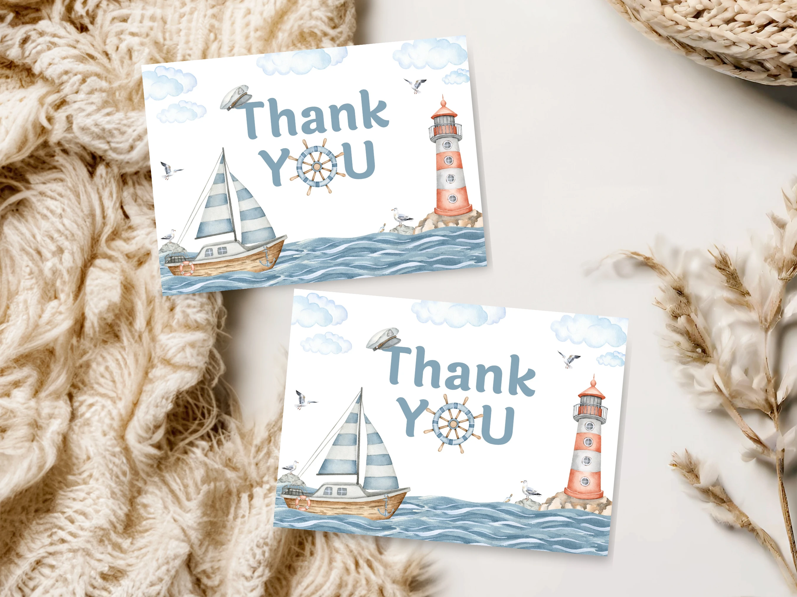 Nautical Baby Shower Invitation Set | Ahoy It's a Boy Blue Starter Pack For Baby Boy | Editable Canva Template | Digital Download