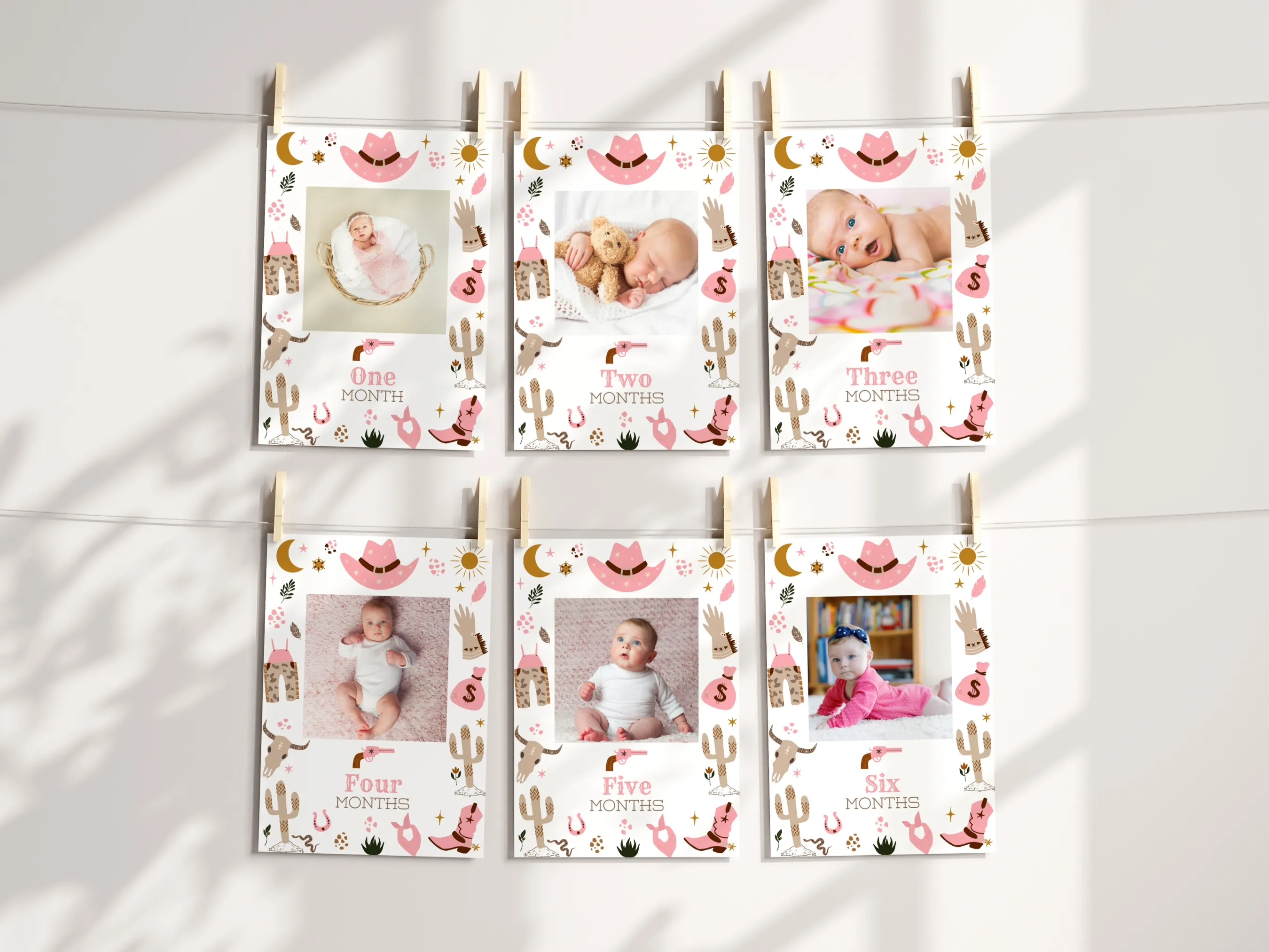 My First Rodeo birthday photo banner with cowgirl western milestone cards, editable Canva template for personalized rodeo-themed birthday decorations, digital download.